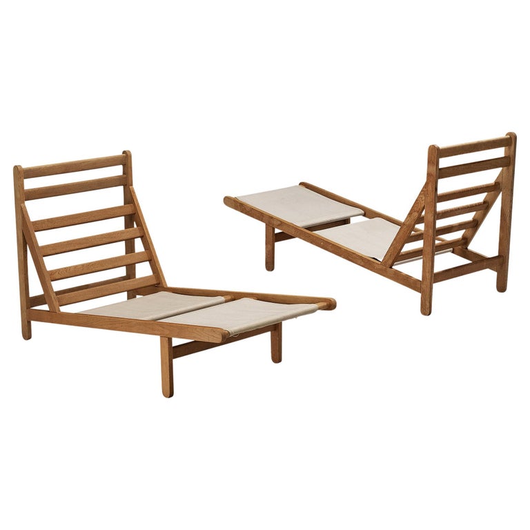 Rare Bernt Petersen Pair of 'Rag' Chaise Longues in Oak and Canvas For