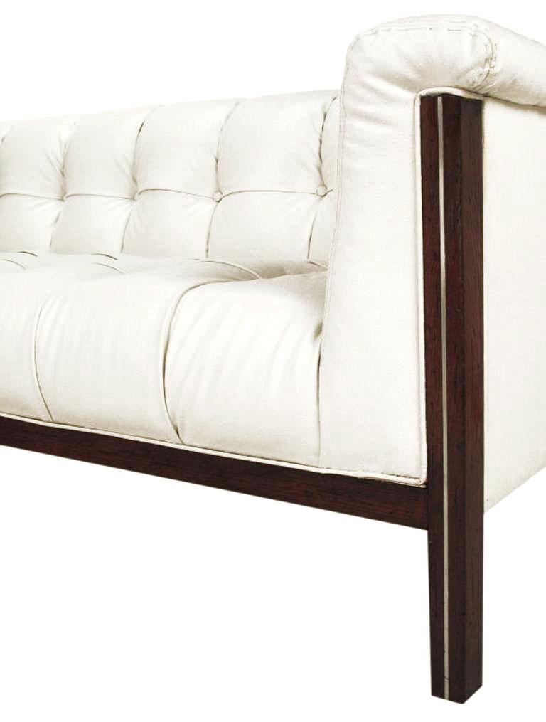 American Rare Bert England for Interior Crafts Faux Ostrich and Mahogany Tuxedo Sofa For Sale