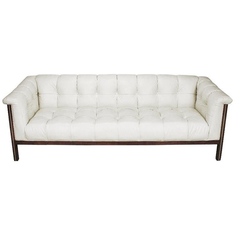 Rare Bert England for Interior Crafts Faux Ostrich and Mahogany Tuxedo Sofa For Sale