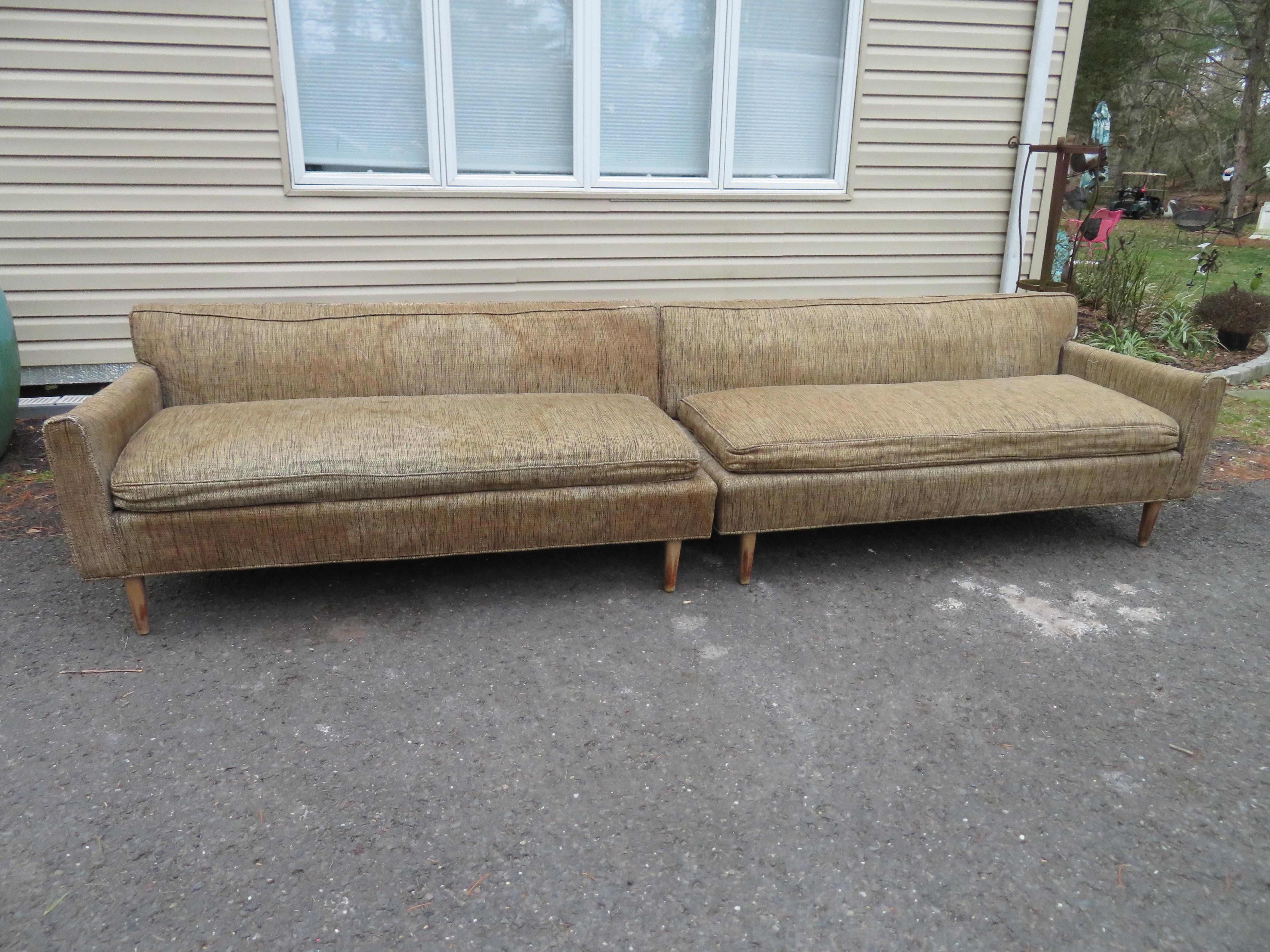 Stylish and rare 2 piece sectional sofa by Bertha Schaefer for M. Singer and Sons. This sofa sectional will need to be re-upholstered but this is one of those very rare sofas that is well worth the effort. Each section measures 27