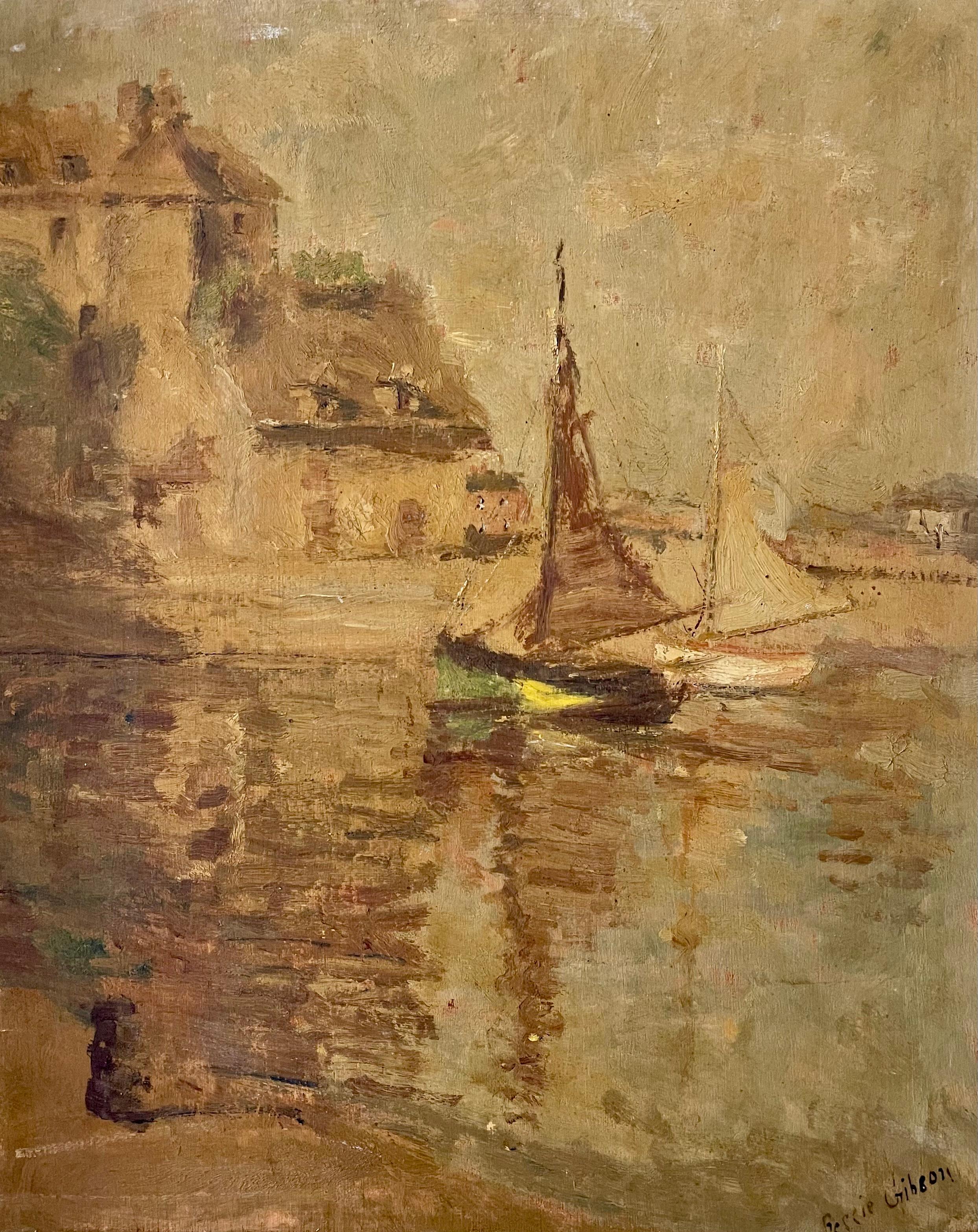 This exceptional oil-on-panel painting by celebrated Australian artist Bessie Gibson (1868–1961) captures a picturesque view of Honfleur, Normandy. The composition highlights the Vieux Bassin, featuring a moored sailboat and the iconic Lieutenance