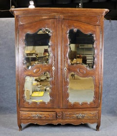Rare Beveled Mirrored French Louis XV Carved Oak 1790s Era Armoire Wardrobe
