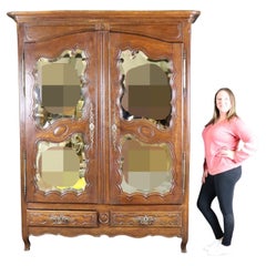 Rare Beveled Mirrored French Louis XV Carved Oak 1790s Era Armoire Wardrobe
