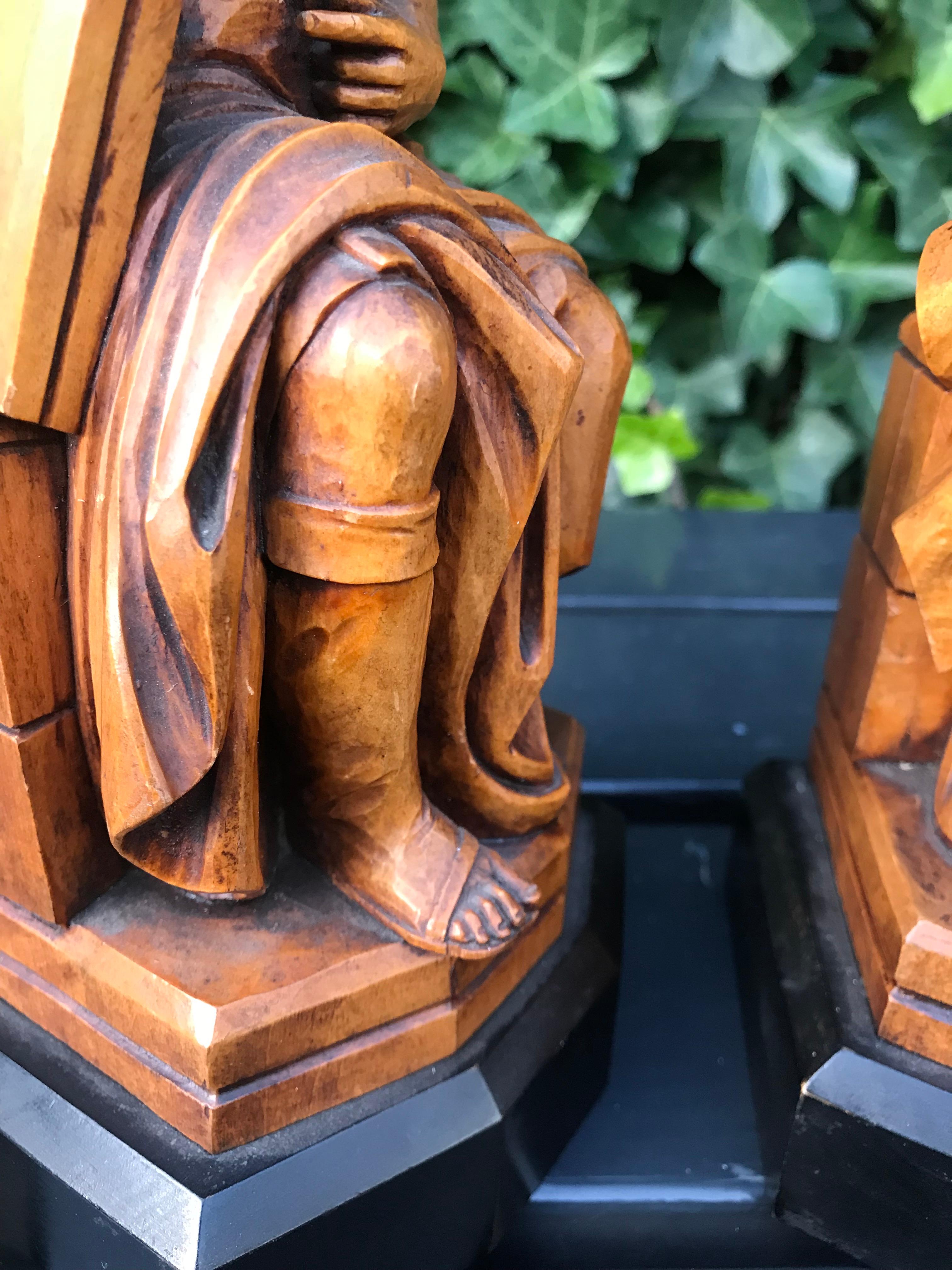 Rare Biblical Boxwood Bookends Moses by Michelangelo & Saint Benedict of Nursia 2