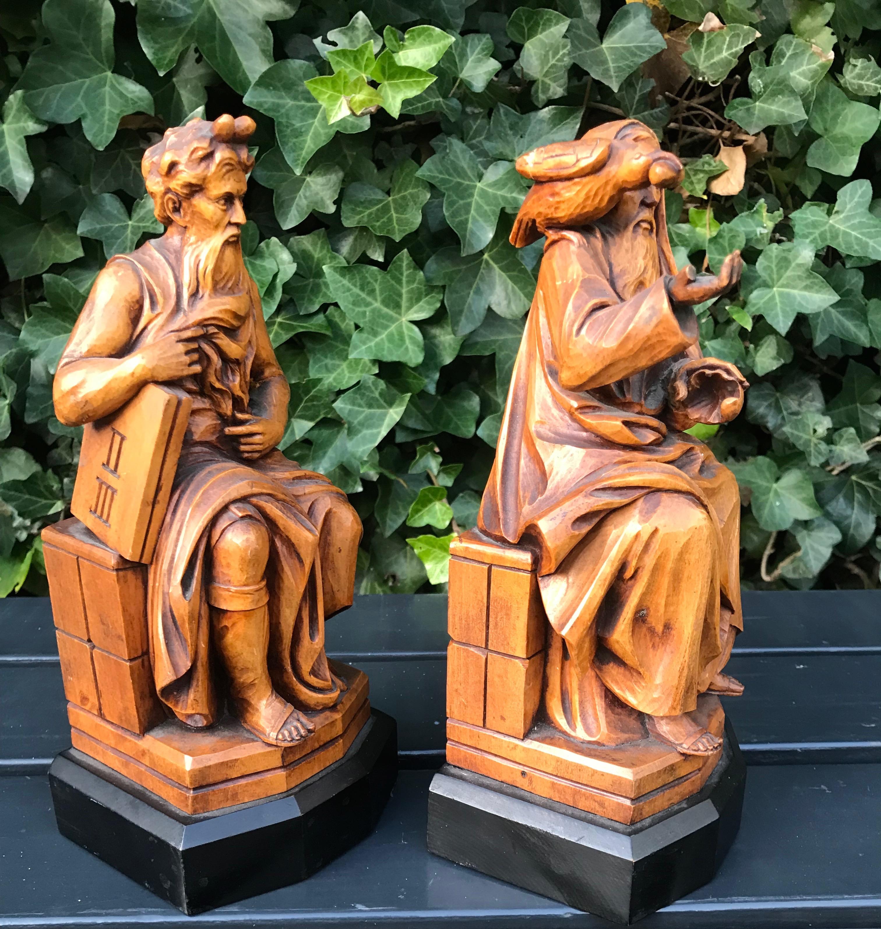 Rare Biblical Boxwood Bookends Moses by Michelangelo & Saint Benedict of Nursia 6