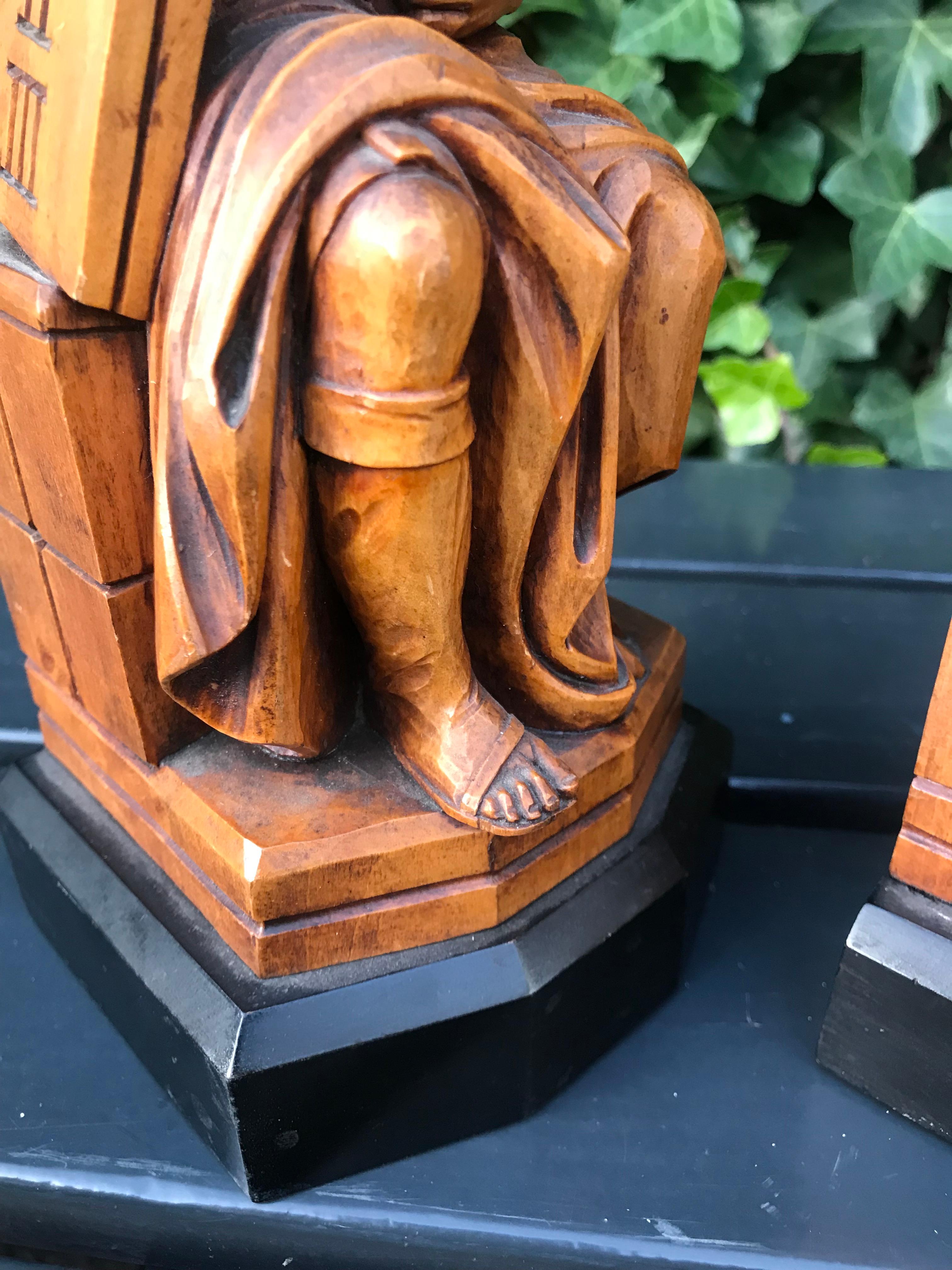 Rare Biblical Boxwood Bookends Moses by Michelangelo & Saint Benedict of Nursia 7