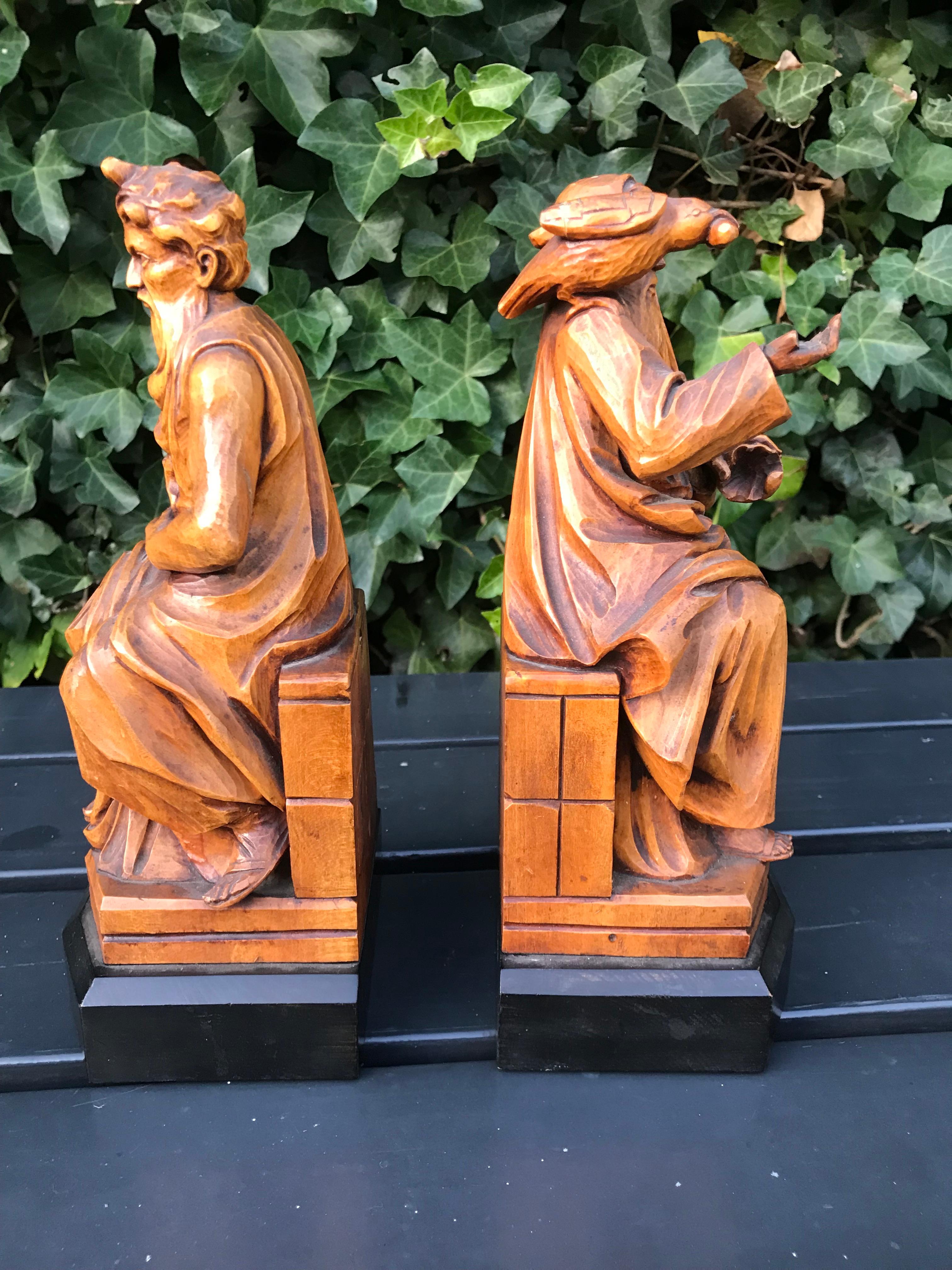 Rare Biblical Boxwood Bookends Moses by Michelangelo & Saint Benedict of Nursia 12