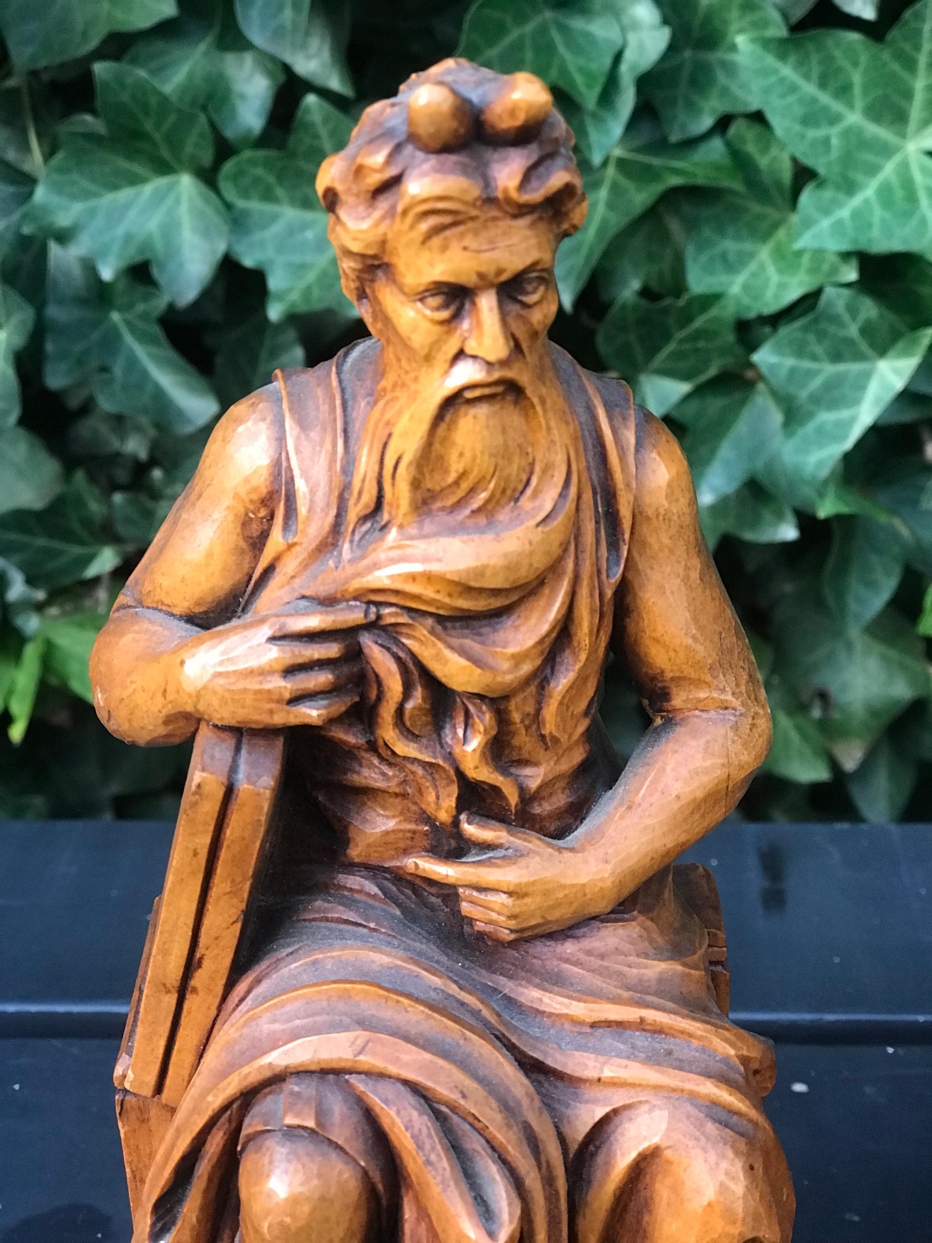 Italian Rare Biblical Boxwood Bookends Moses by Michelangelo & Saint Benedict of Nursia