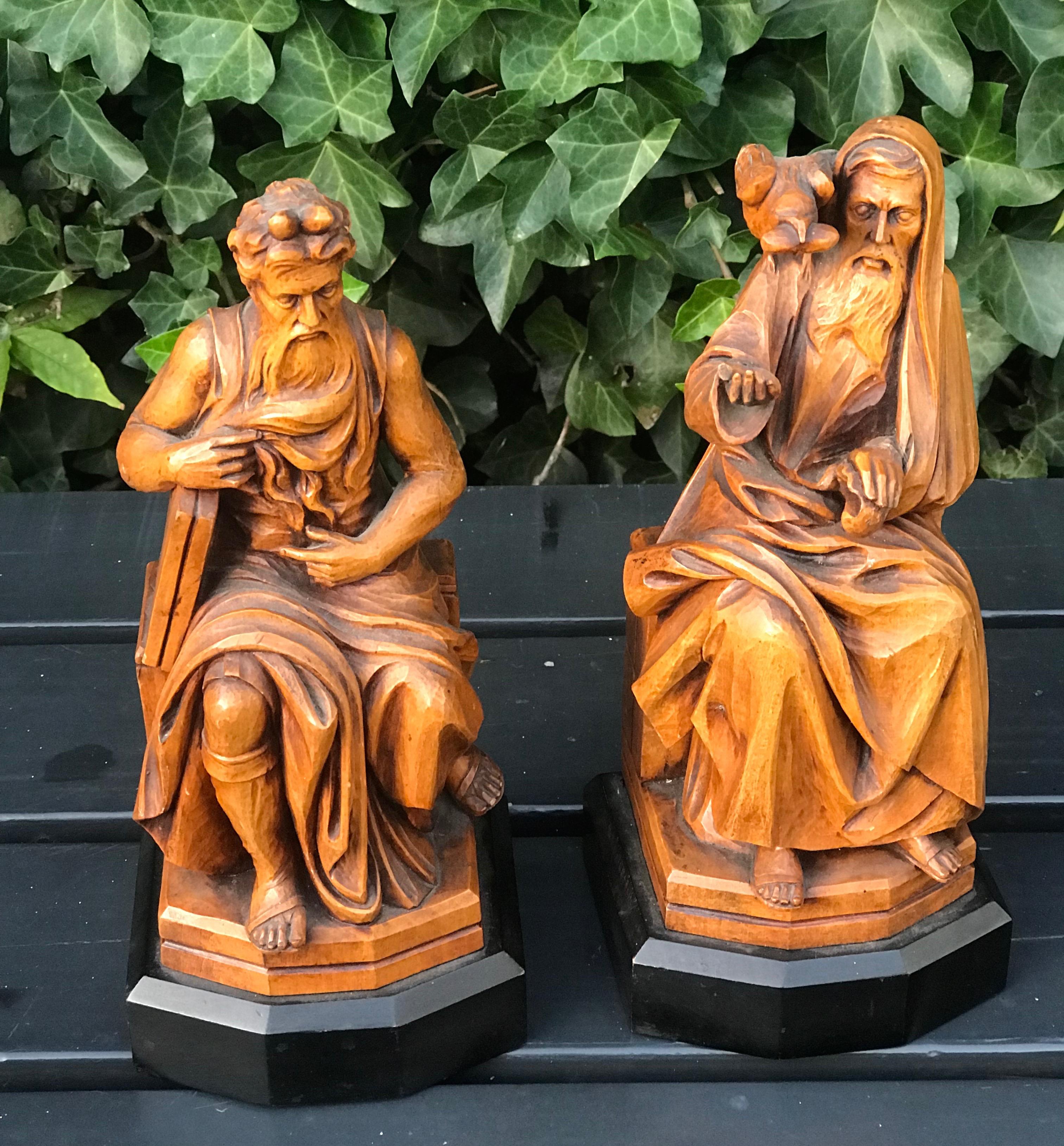 19th Century Rare Biblical Boxwood Bookends Moses by Michelangelo & Saint Benedict of Nursia