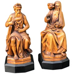 Rare Biblical Boxwood Bookends Moses by Michelangelo & Saint Benedict of Nursia