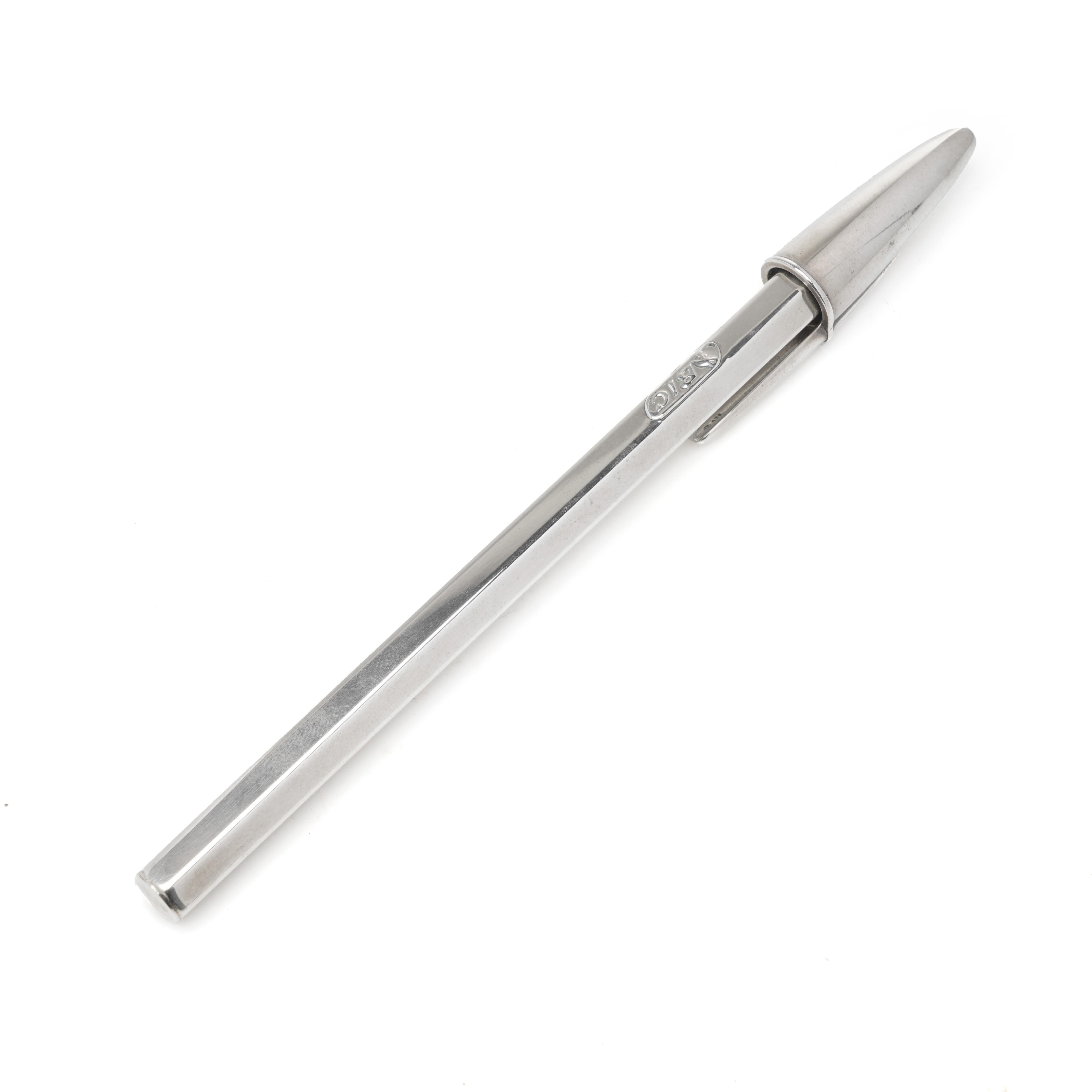 A rare and elegant Bic 50th Anniversary Sterling Silver Ballpoint Pen crafted in solid 925 sterling silver. This premium edition of the iconic BIC pen features a sleek, hexagonal design with an embossed BIC logo and a smooth rollerball tip for