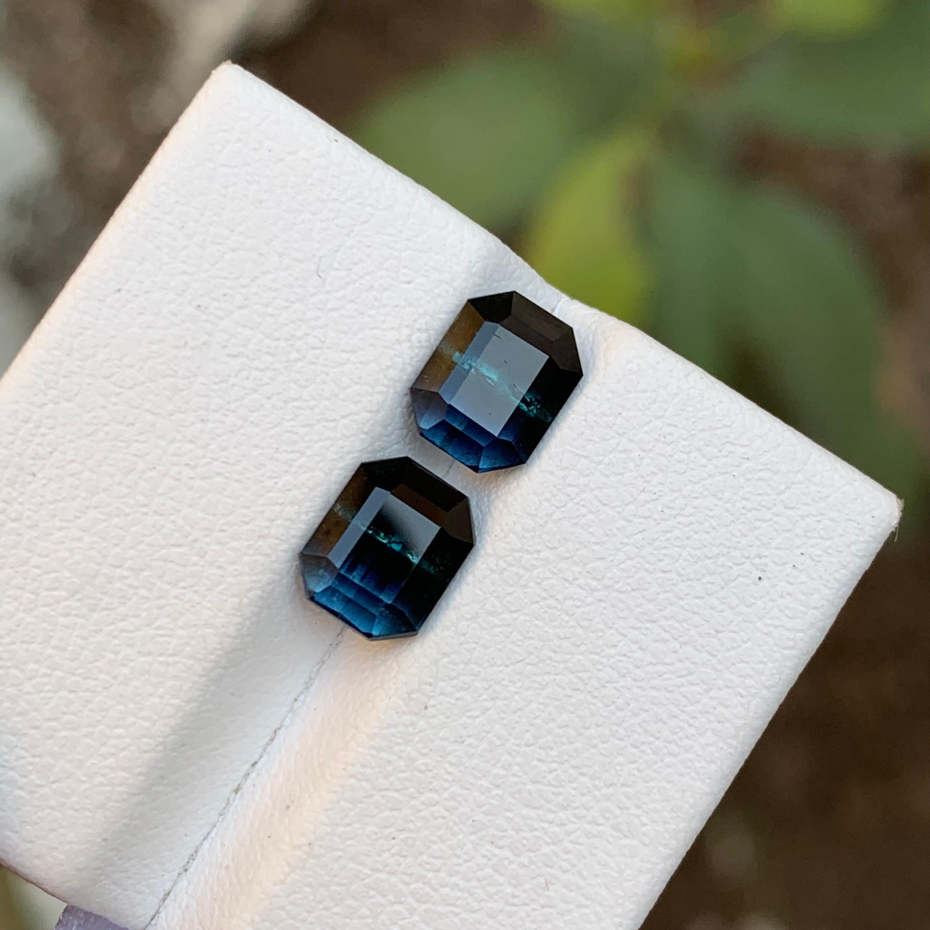 Rare Bicolor Black & Blue Tourmaline Gemstone Pair, 3.70 Ct Emerald Cut-Earrings In New Condition For Sale In Peshawar, PK