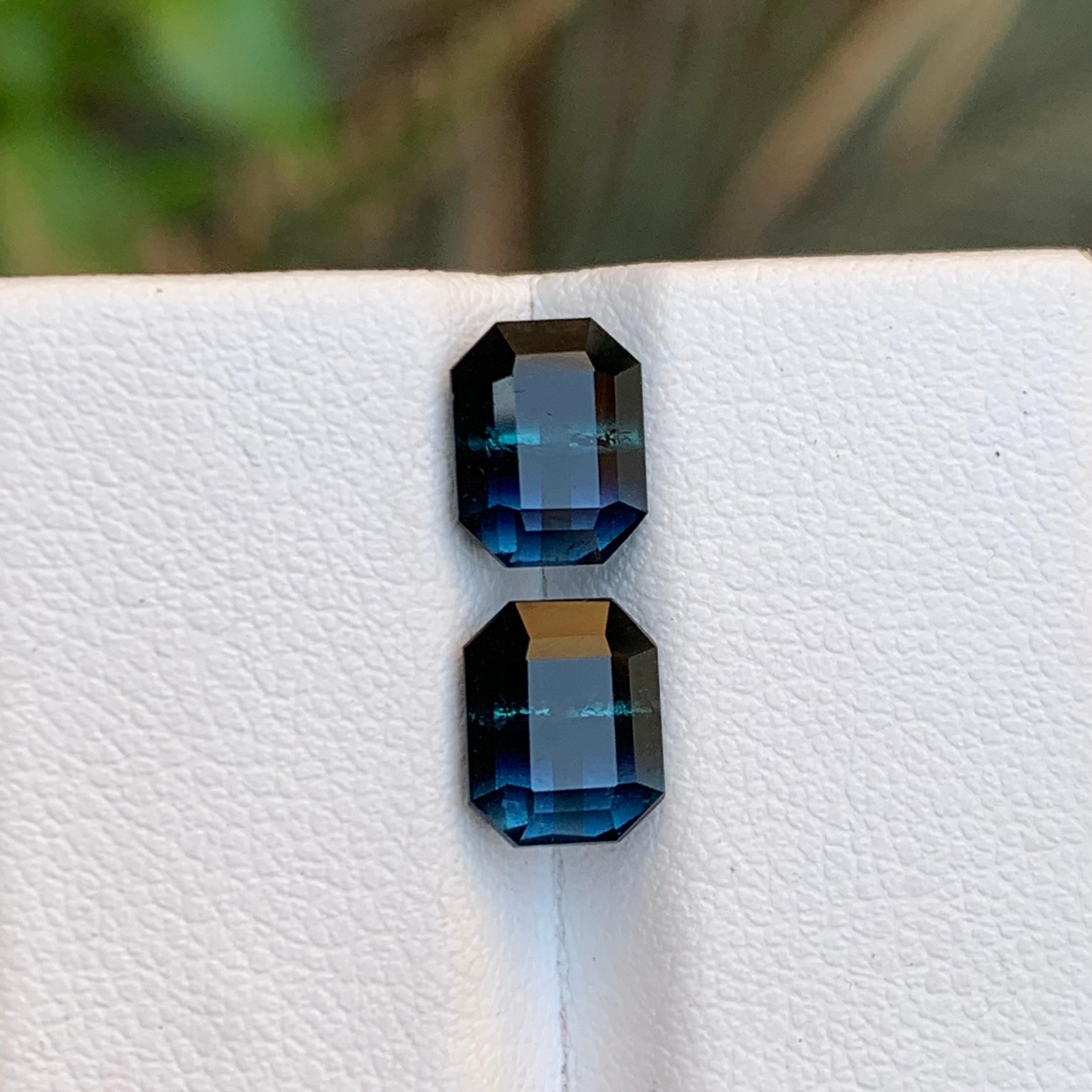 Rare Bicolor Black & Blue Tourmaline Gemstone Pair, 3.70 Ct Emerald Cut-Earrings For Sale 2
