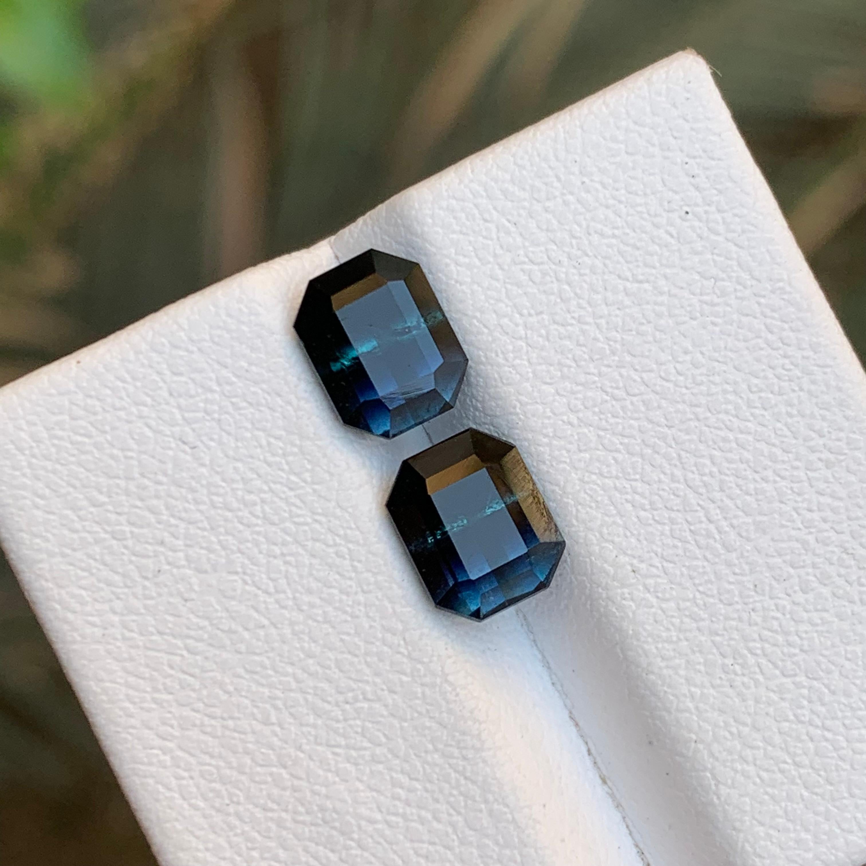 Rare Bicolor Black & Blue Tourmaline Gemstone Pair, 3.70 Ct Emerald Cut-Earrings For Sale 3