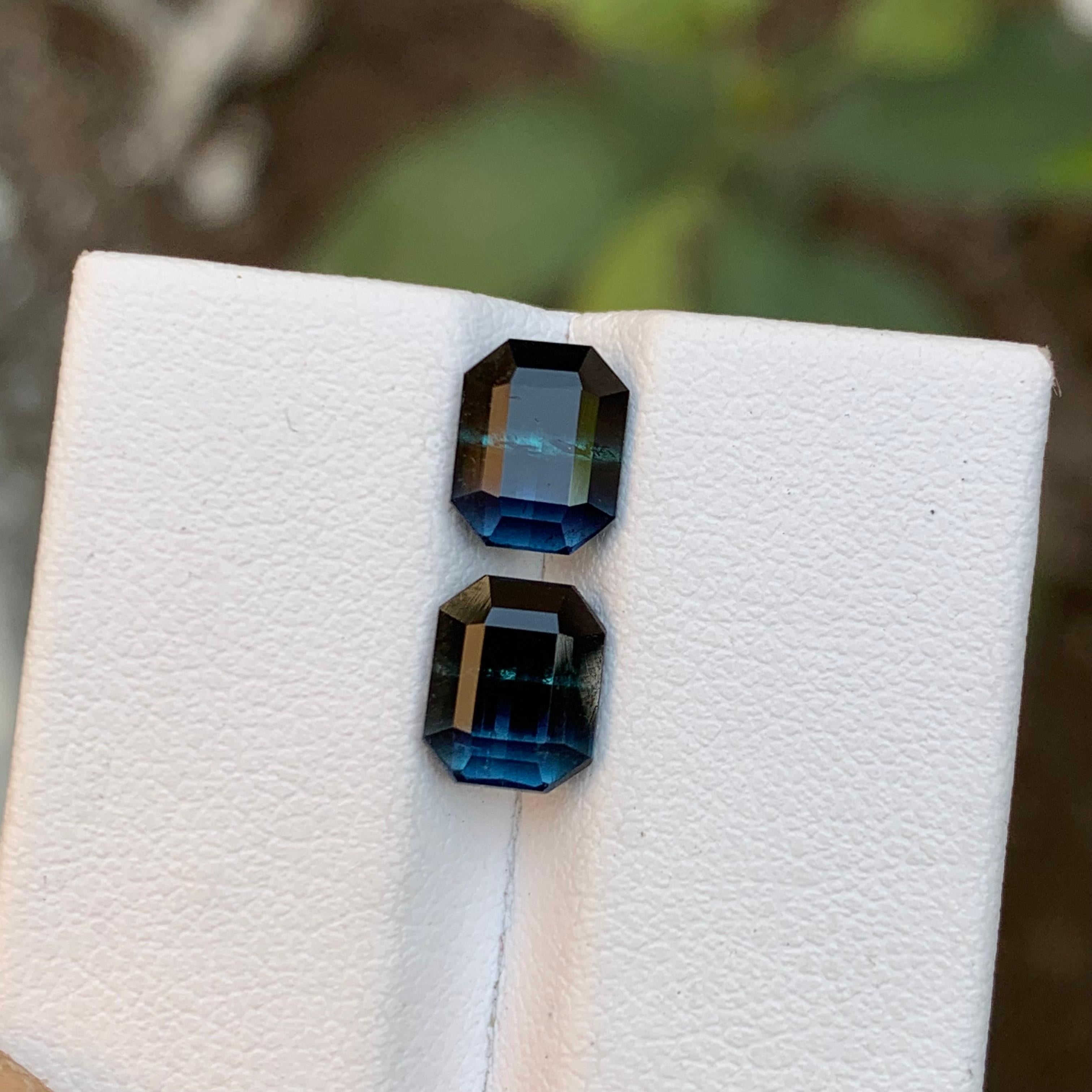 Rare Bicolor Black & Blue Tourmaline Gemstone Pair, 3.70 Ct Emerald Cut-Earrings For Sale 4