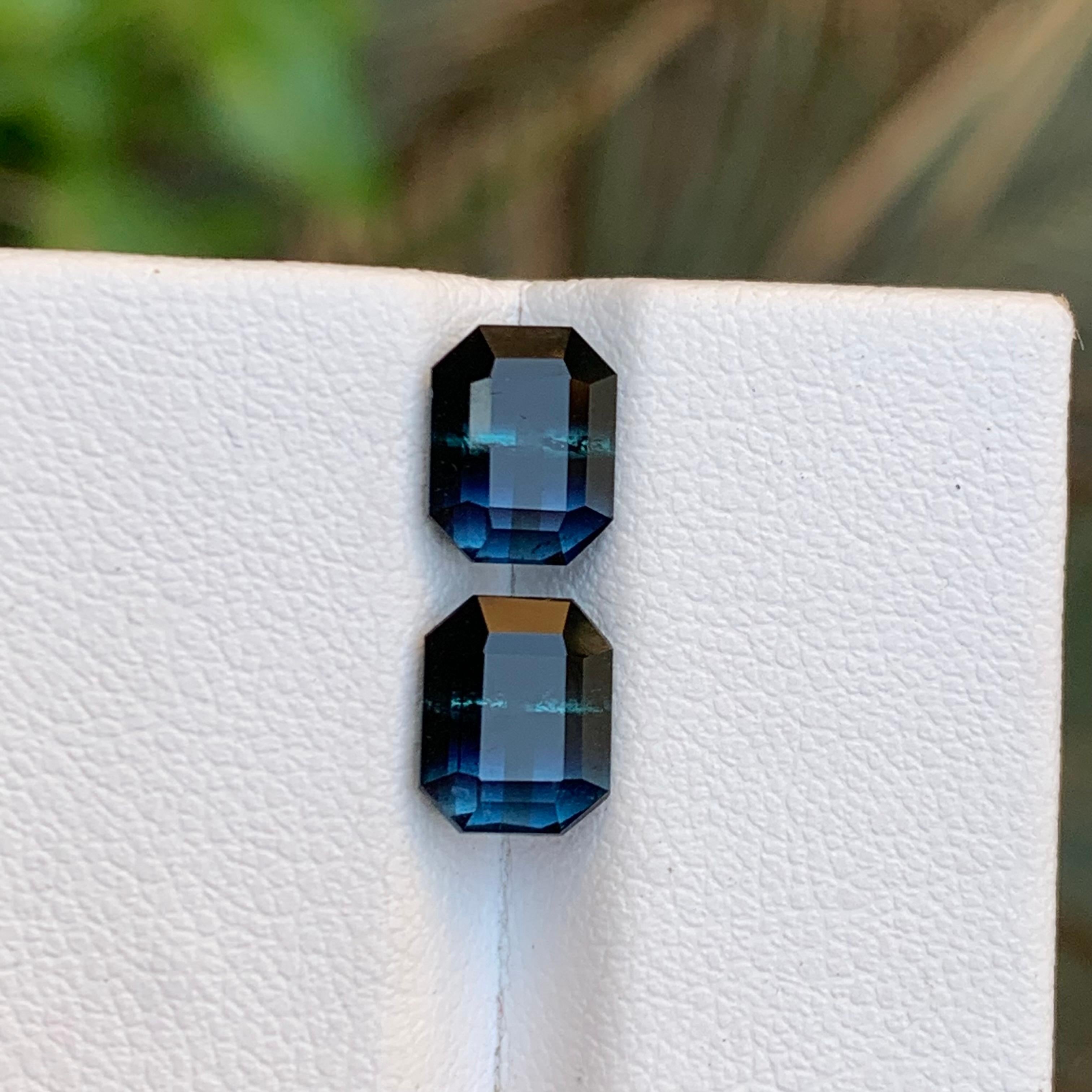 Rare Bicolor Black & Blue Tourmaline Gemstone Pair, 3.70 Ct Emerald Cut-Earrings For Sale 5