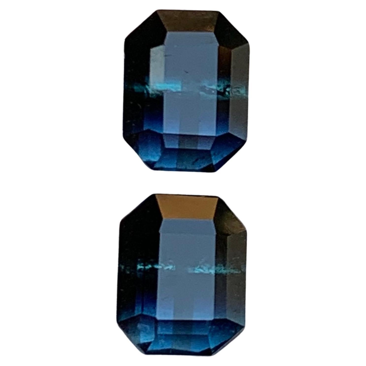 Rare Bicolor Black & Blue Tourmaline Gemstone Pair, 3.70 Ct Emerald Cut-Earrings For Sale