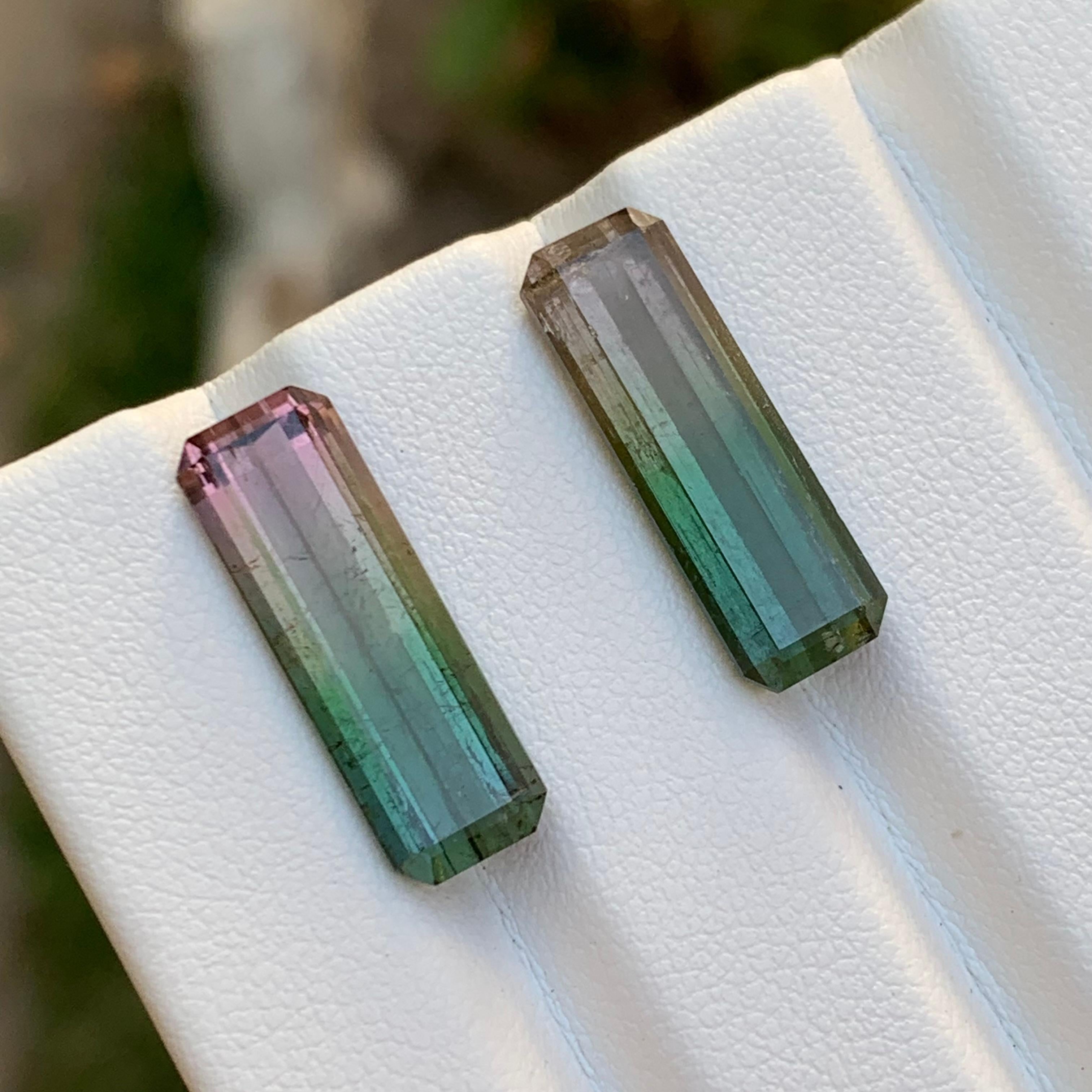Paire de tourmalines naturelles bicolores rares, taille émeraude 14,70 carats pour boucles d'oreilles en vente 1