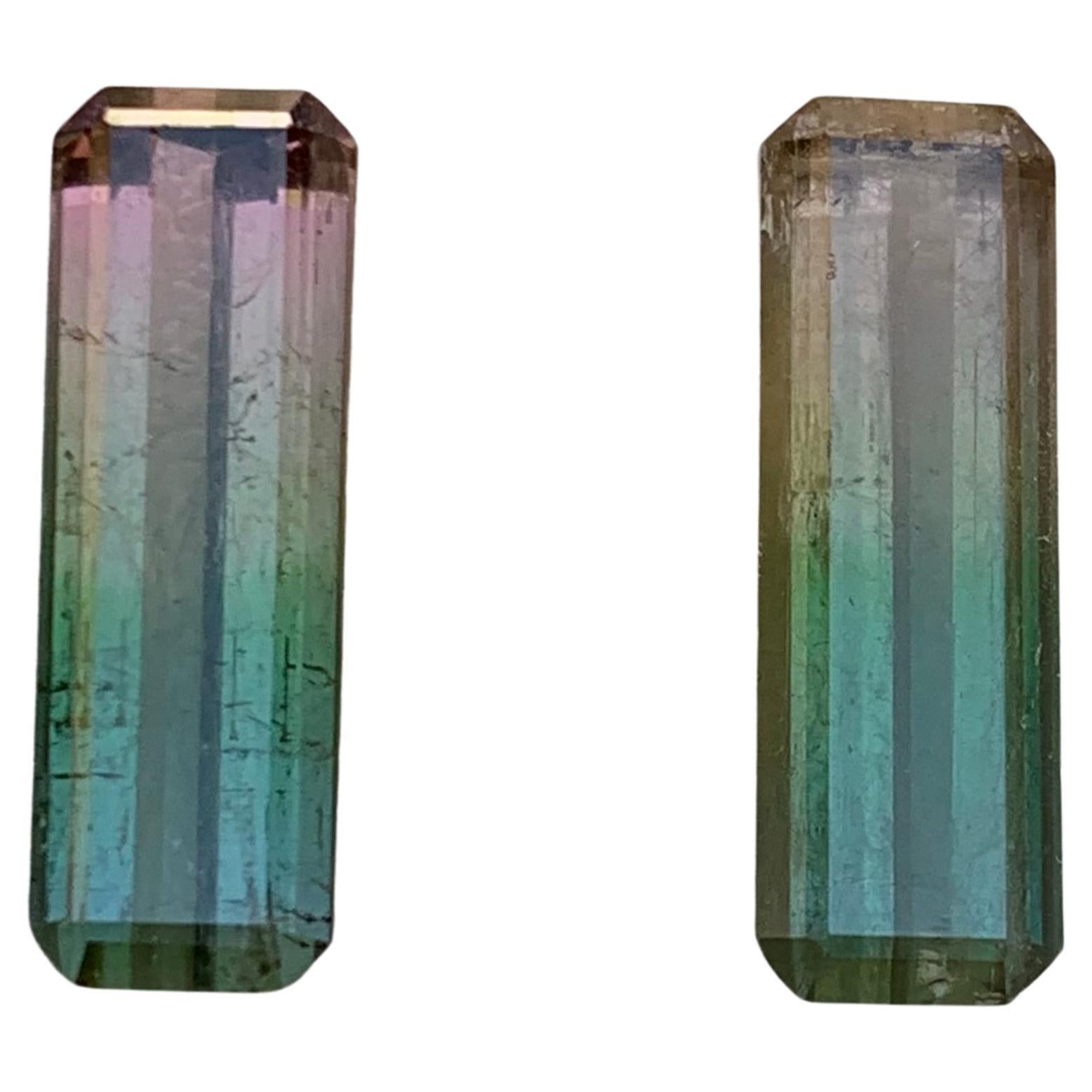 Rare Bicolor Natural Tourmaline Gemstone Pair, 14.70 Ct Emerald Cut for Earrings