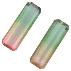 Rare Bicolor Natural Tourmaline Gemstone Pair, 14.70 Ct Emerald Cut for Earrings