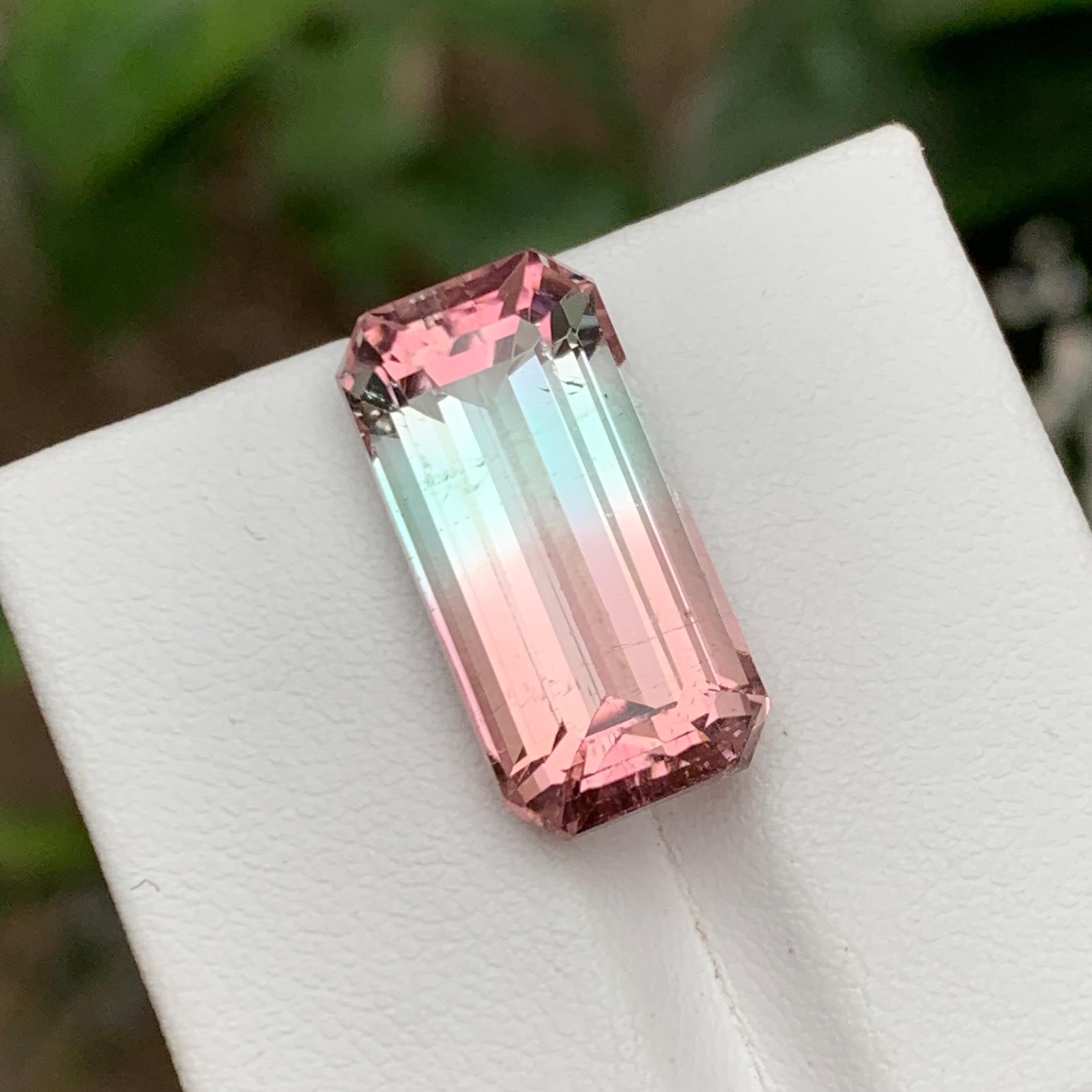 Contemporary Rare Bicolor Pink & Light Blue Natural Tourmaline Gemstone, 12.65 Ct Emerald Cut For Sale