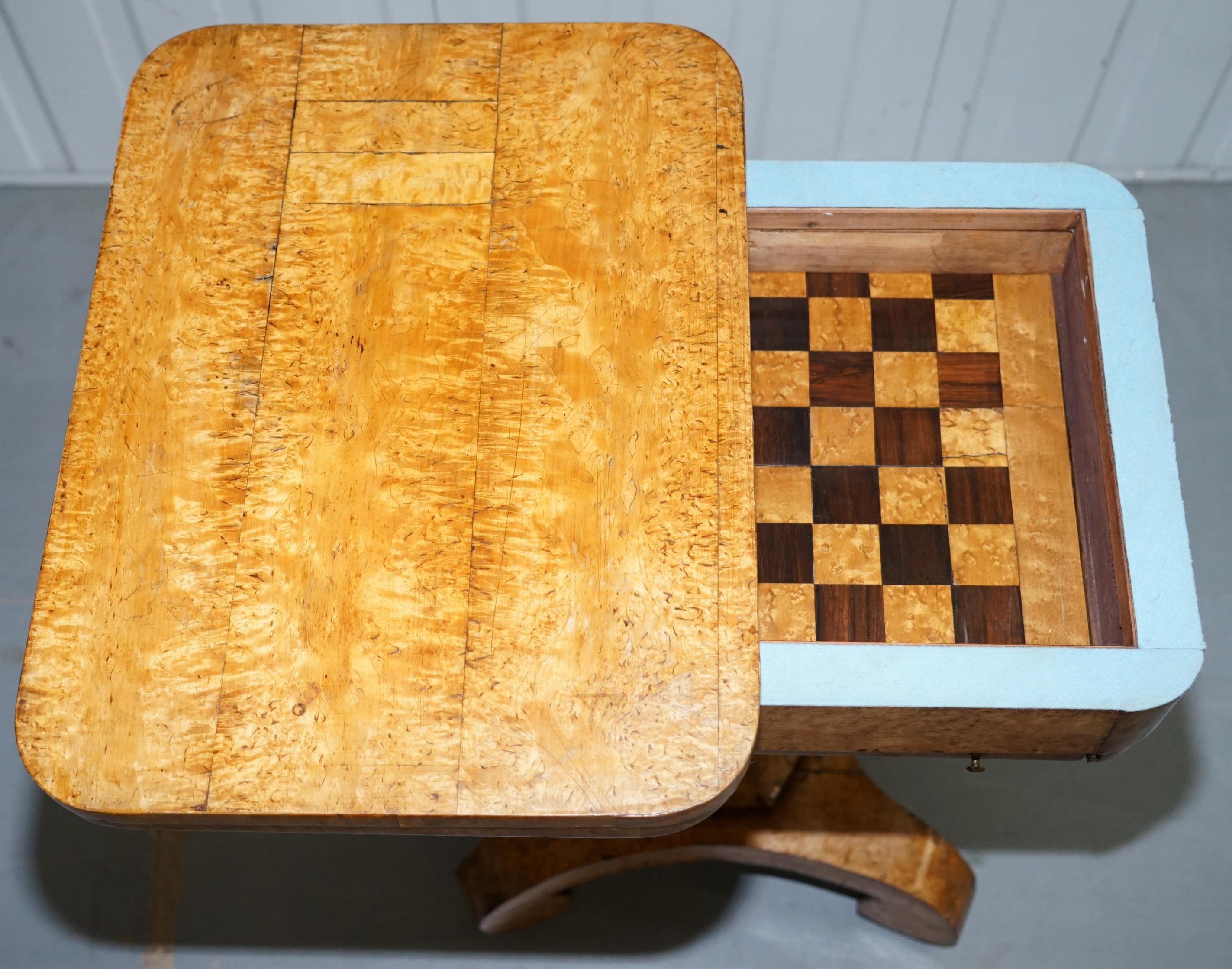 Rare Biedermeier Burr Satinwood Victorian Games Table for Chess Cards Fold Out 11
