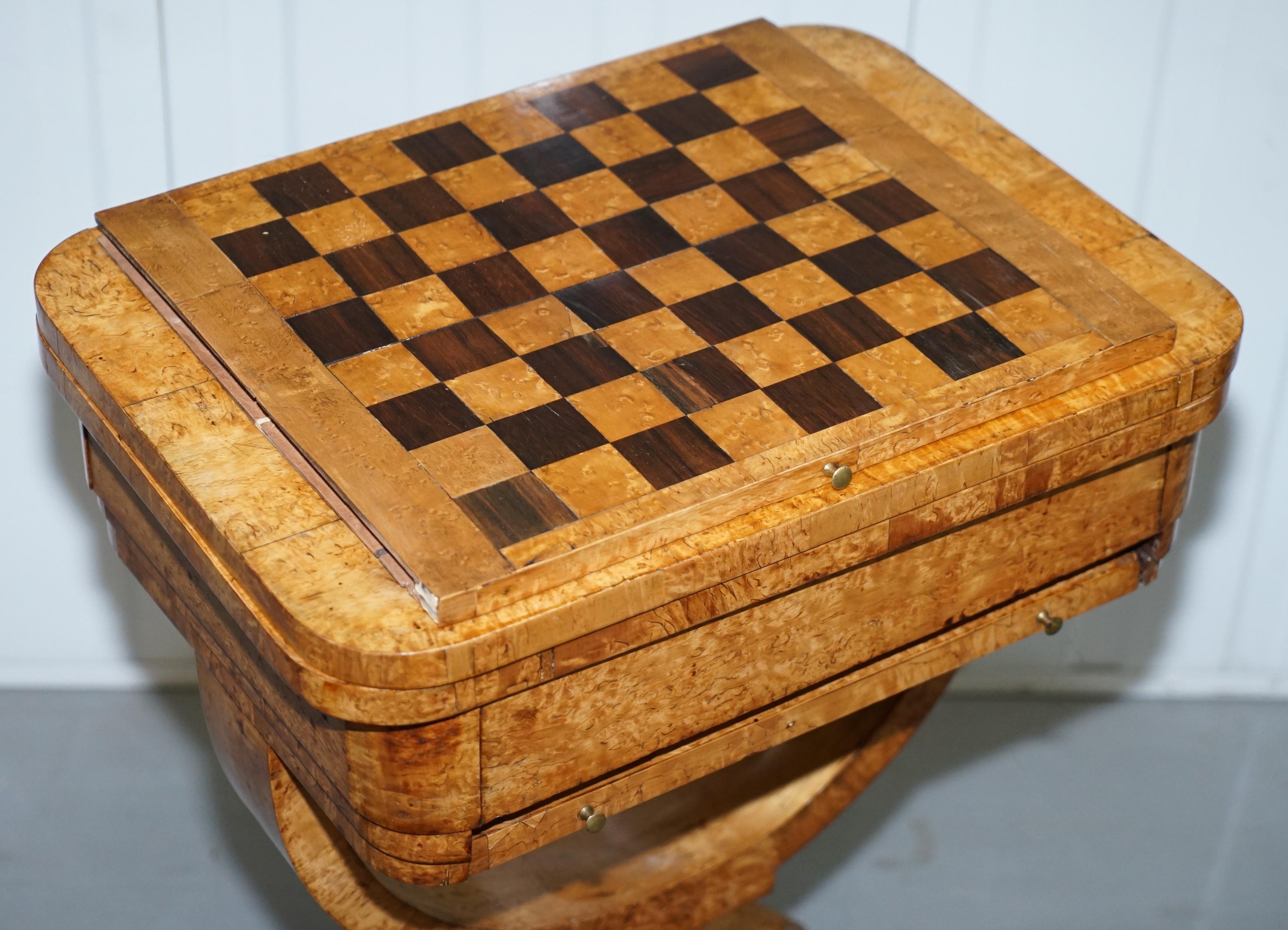 Rare Biedermeier Burr Satinwood Victorian Games Table for Chess Cards Fold Out 11