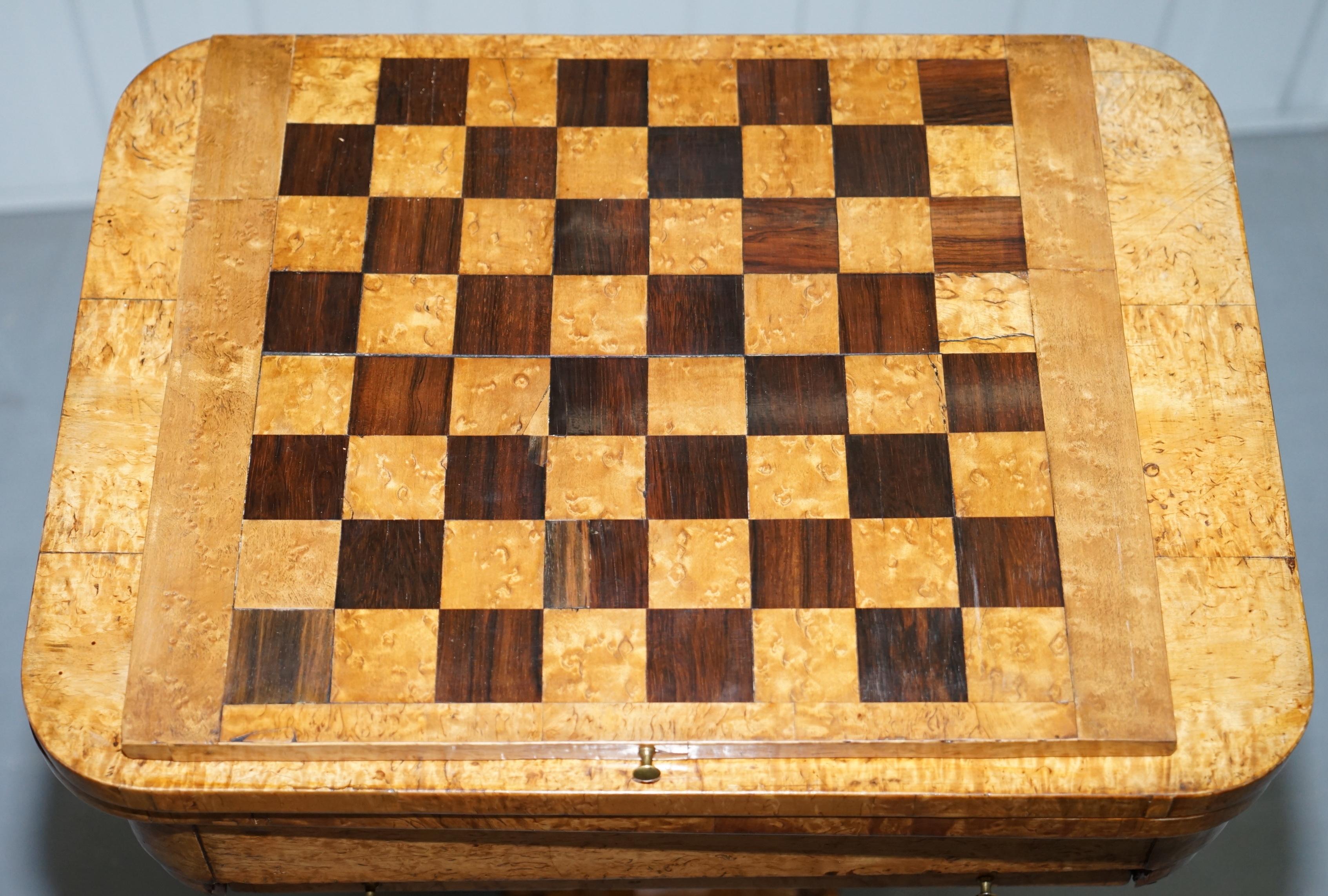Rare Biedermeier Burr Satinwood Victorian Games Table for Chess Cards Fold Out 13