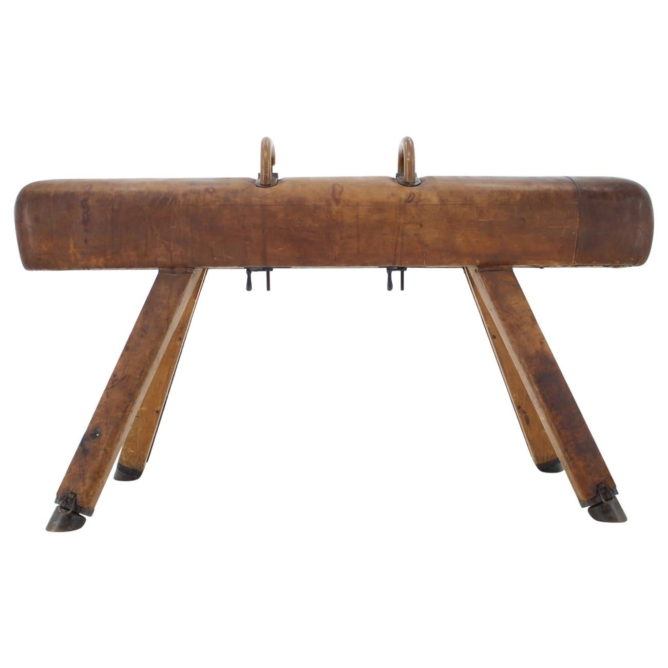 Rare Big Adjustable Gymnastic Leather Pommel Horse, 1950s For Sale