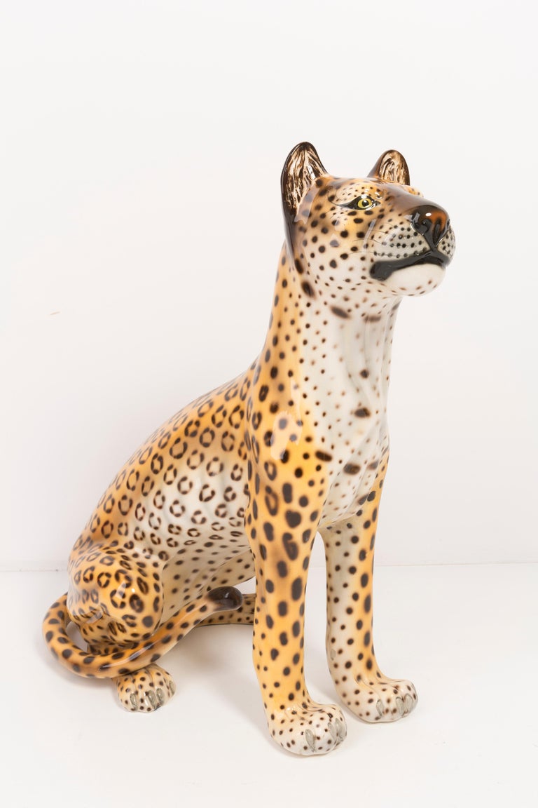 Hand-Painted Rare Big Leopard Hand Painted Ceramic Sculpture, Italy, 1960s For Sale