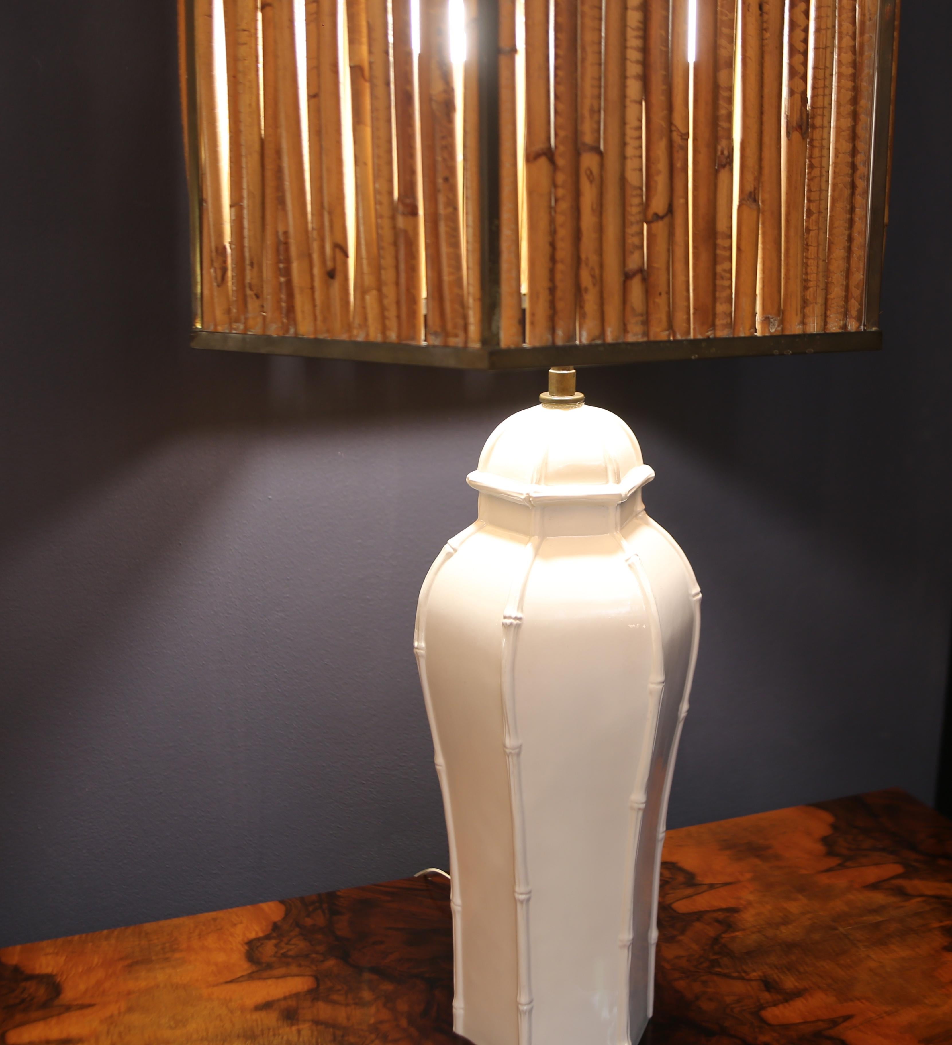 Italian Rare grande lampe de table en céramique  Bambou et laiton, Italie, 1970 en vente