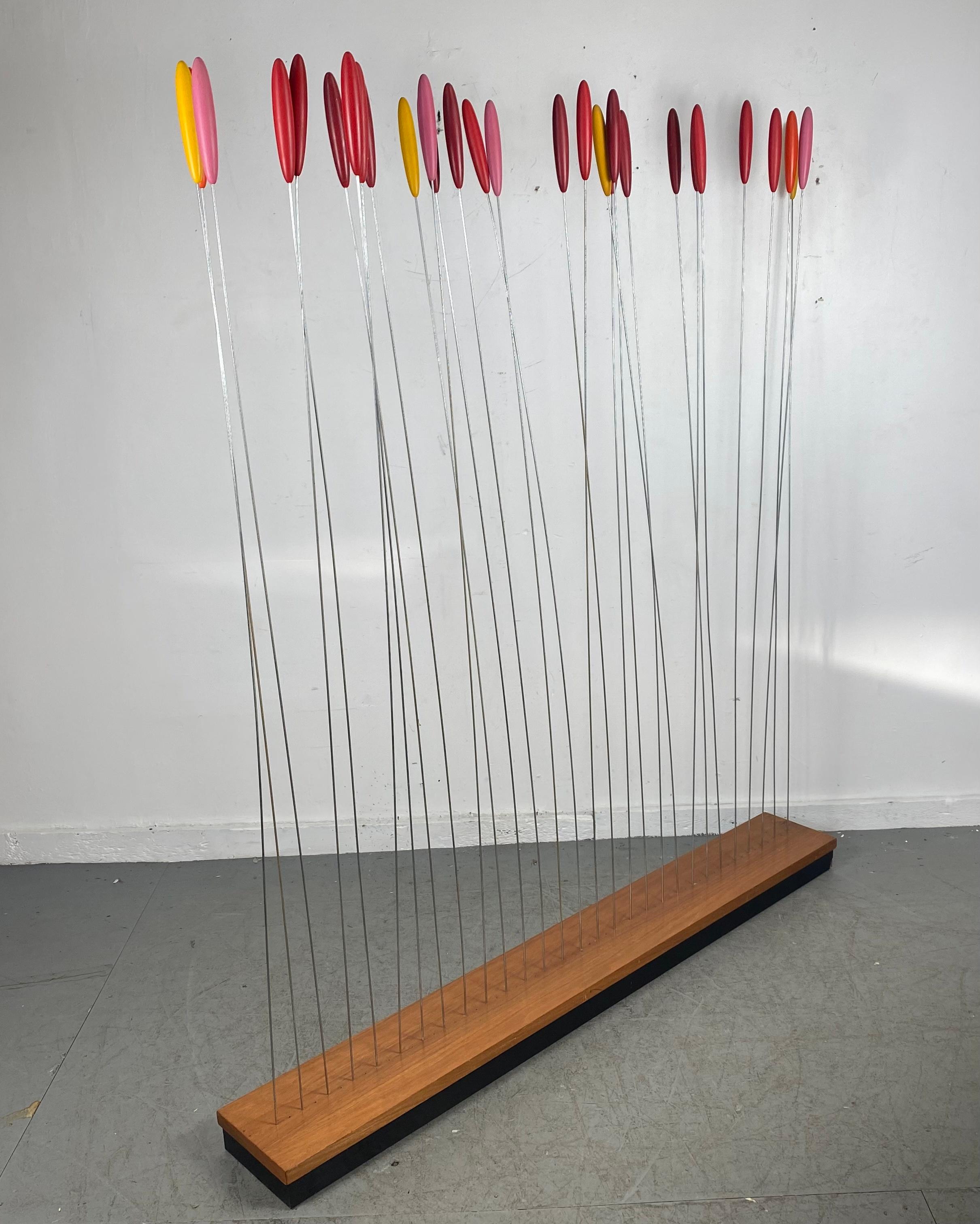 Extremely rare Cattail Sculpture / Room divider designed by Bill Curry for Design Line,,Featuring 29 metal rods with beautifully shaped and painted oval tops..Amazing colors ,, shades of reds,,pinks and gold,,Nice original condition, minor residue