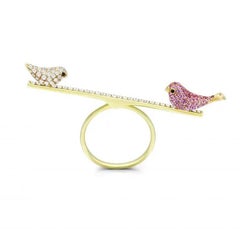 Rare Bird Bunch Pink Sapphire Ruby Diamond Yellow 18K Gold Ring For Her
