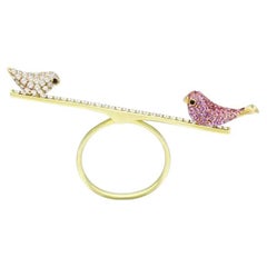 Rare Bird Bunch Pink Sapphire Ruby Diamond Yellow 18K Gold Ring For Her