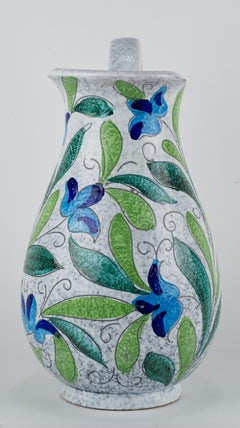 Rare Bitossi Pitcher Vase Sgraffito Flower Decor Blue Green