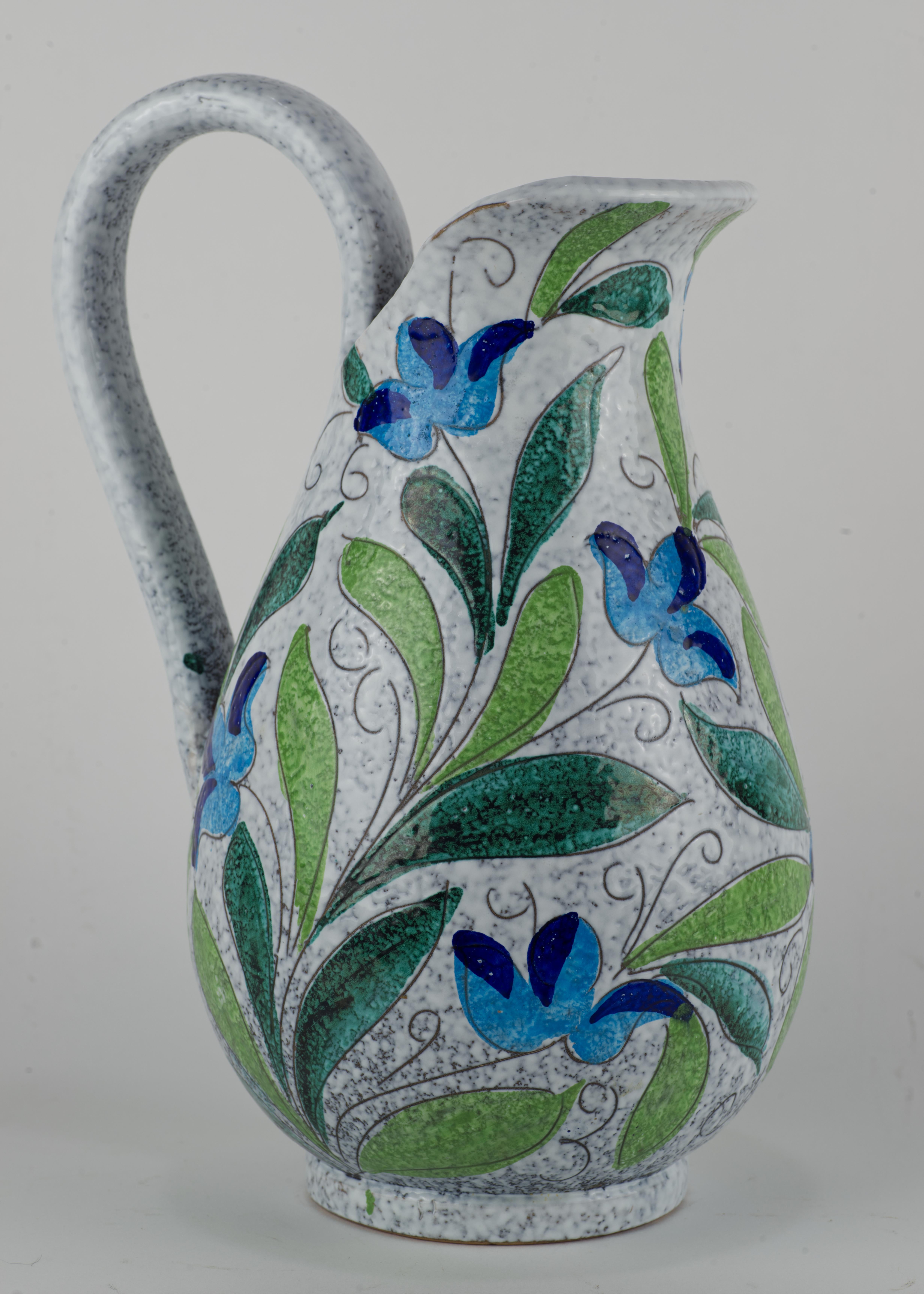 Seltene Bitossi-Krugvase mit Sgraffito-Blumendekor in Blau und Grün (Italienisch) im Angebot