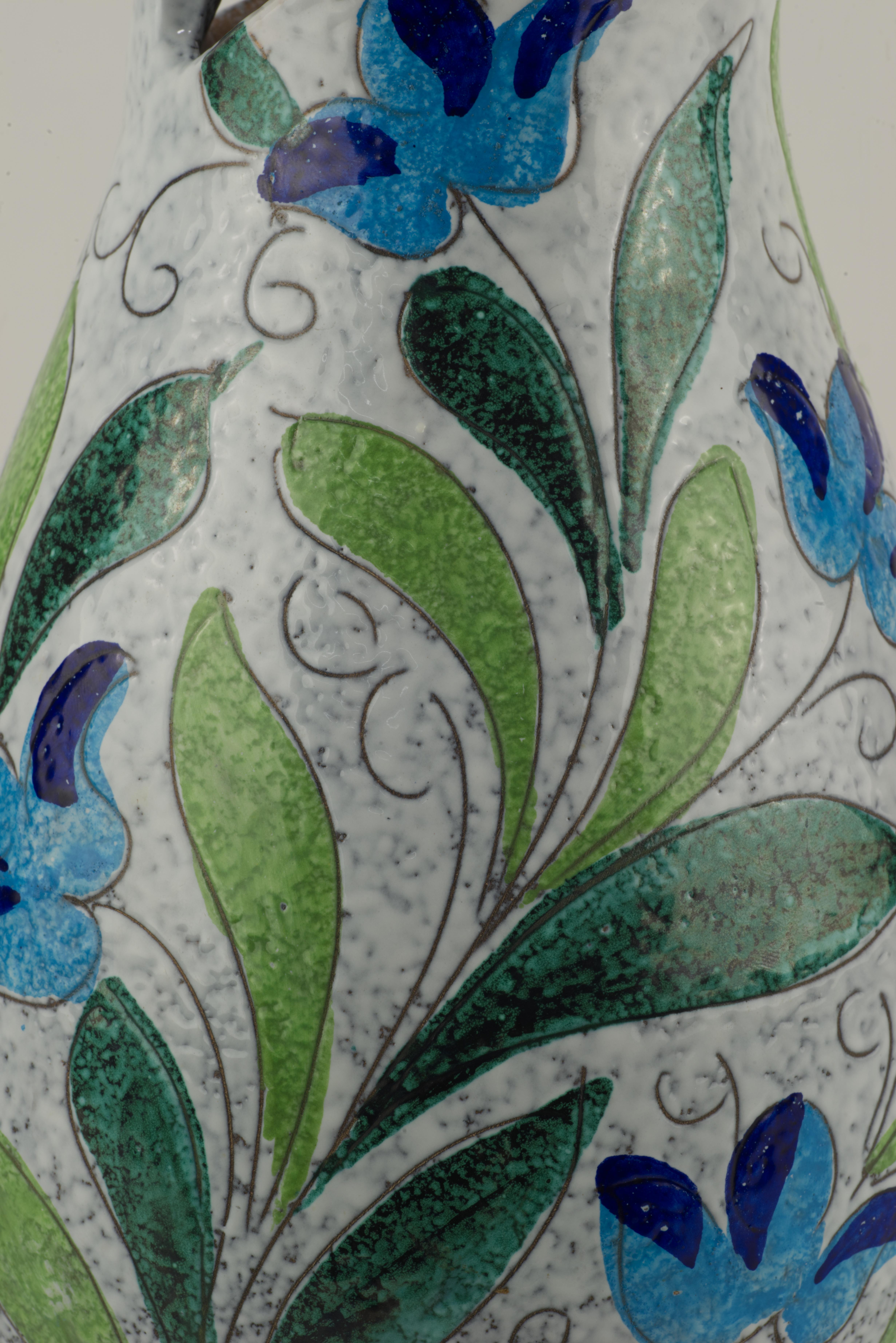 Seltene Bitossi-Krugvase mit Sgraffito-Blumendekor in Blau und Grün (20. Jahrhundert) im Angebot