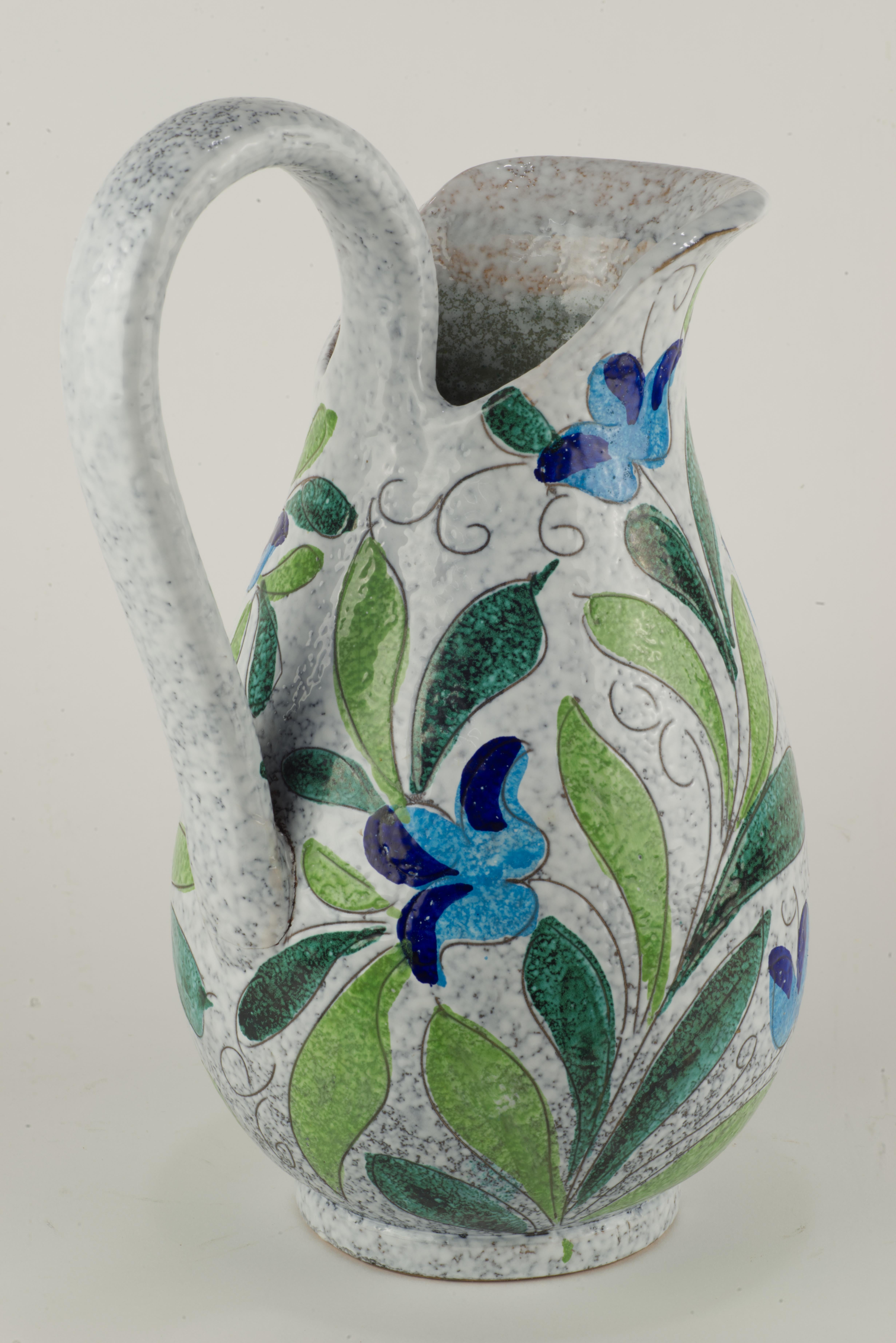 Seltene Bitossi-Krugvase mit Sgraffito-Blumendekor in Blau und Grün im Angebot 1
