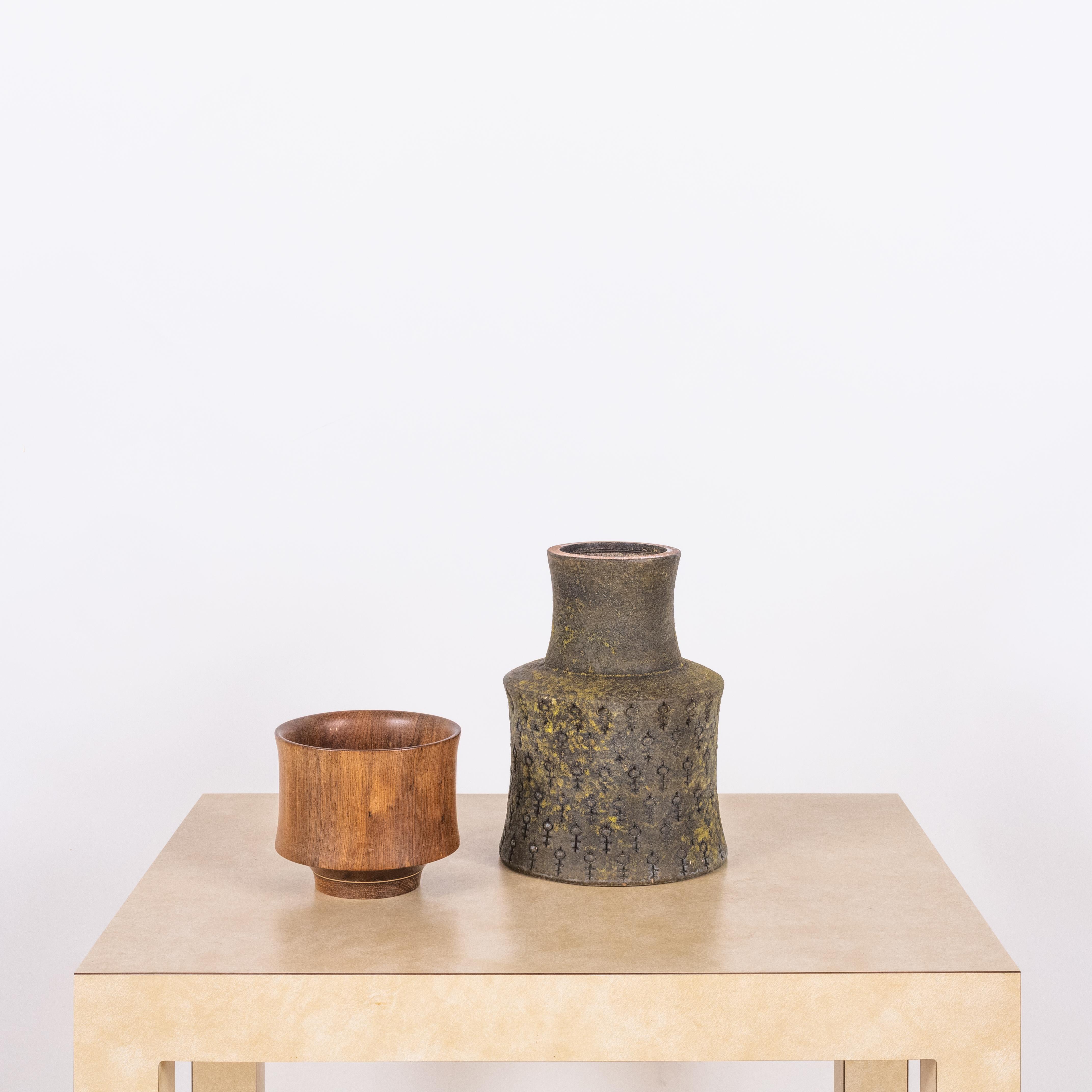 Glazed Rare Bitossi Vase with Matching Teak Bowl For Sale