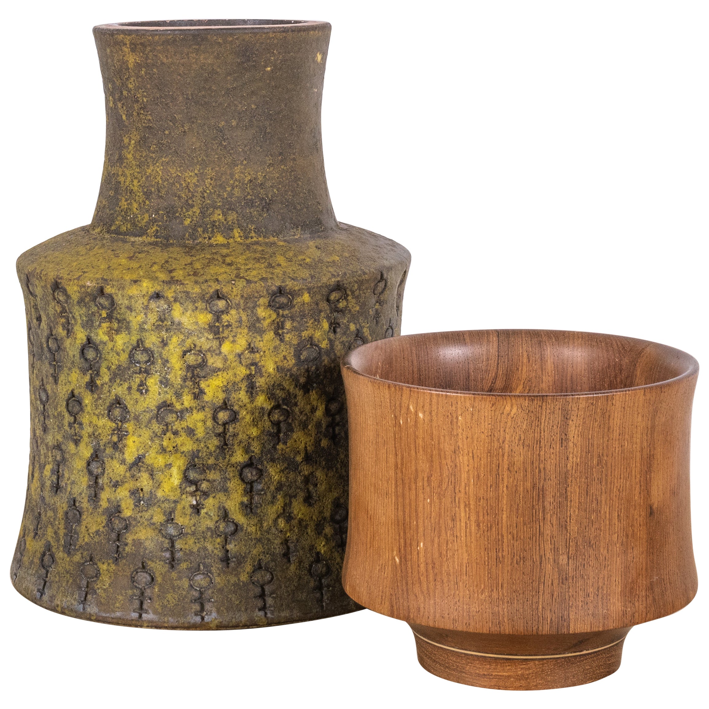 Rare vase Bitossi avec bol assorti en teck