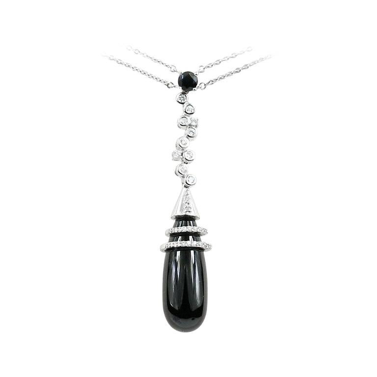 Rare Black Agate Diamond White Gold Necklace For Sale