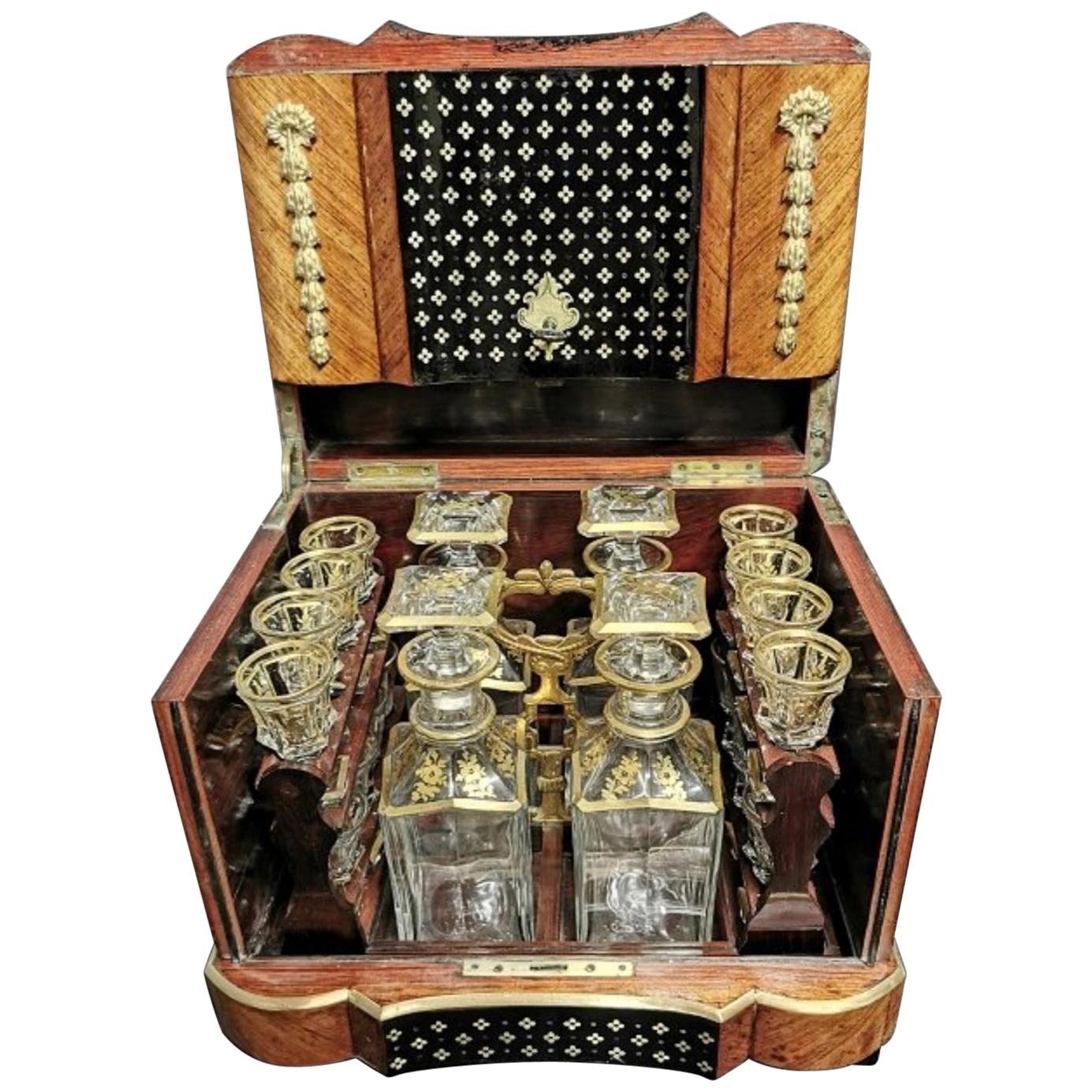 Rare Black and Brown Napoleon III Liquor Cellar Cabinet, Baccarat Crystal Set