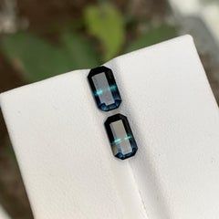 Rare Black-Blue Bicolor Tourmaline Gemstone Pairs, 2.20 Ct Emerald Cut-Earrings