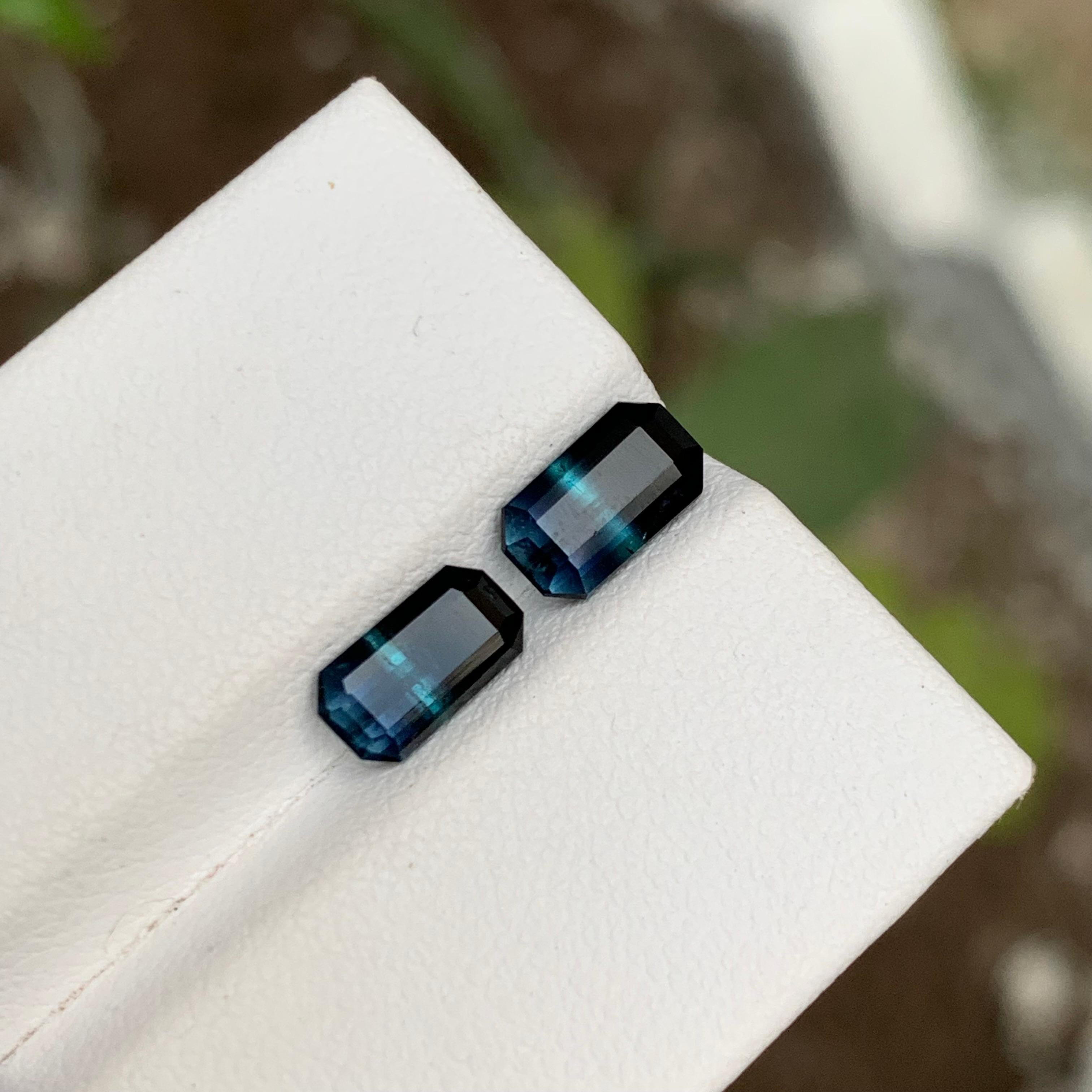 Contemporary Rare Black-Blue Bicolor Tourmaline Gemstone Pairs, 2.20 Ct Emerald Cut-Earrings For Sale