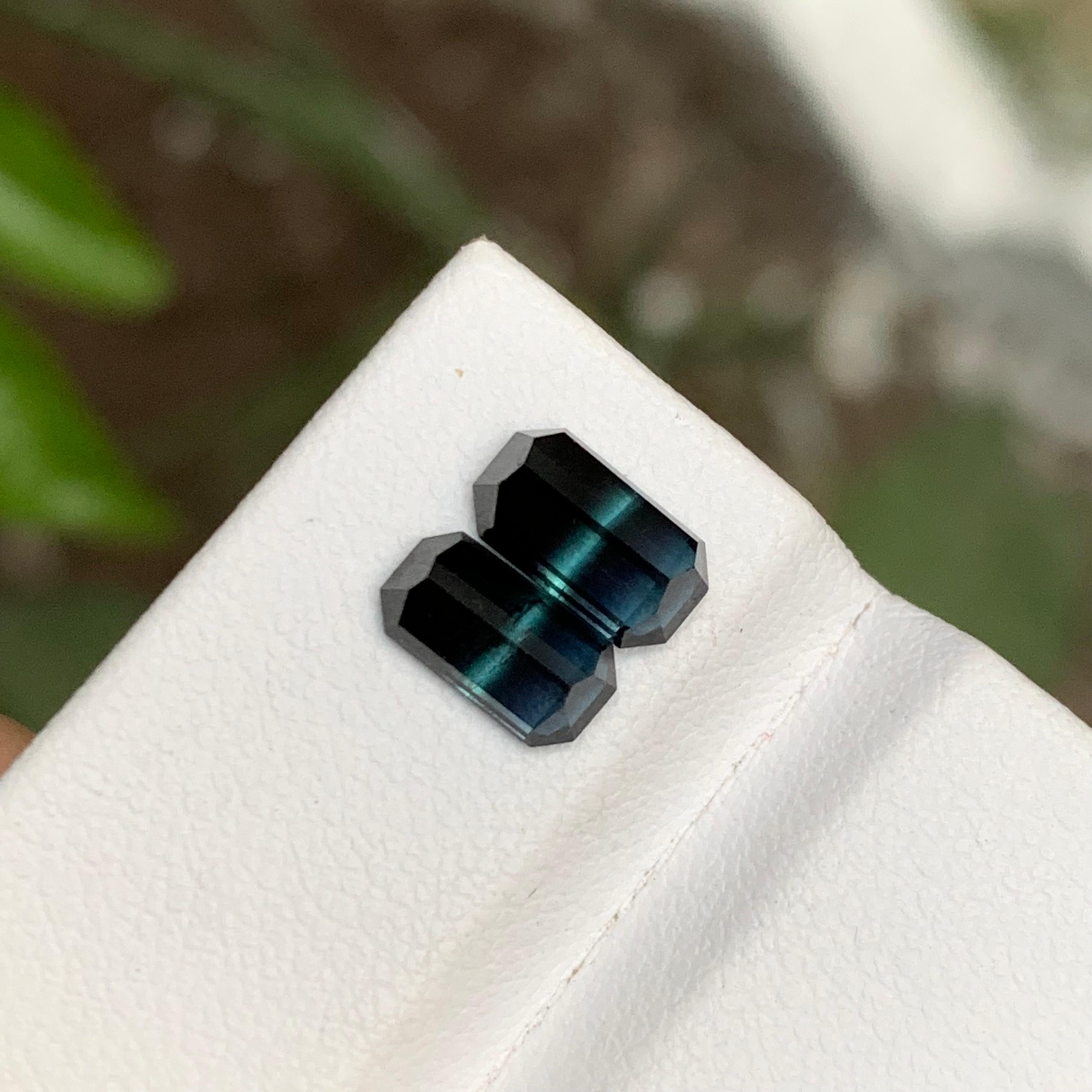 Women's or Men's Rare Black-Blue Bicolor Tourmaline Gemstone Pairs, 2.20 Ct Emerald Cut-Earrings For Sale