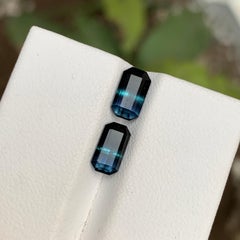 Rare Black-Blue Bicolor Tourmaline Gemstone Pairs, 2.20 Ct Emerald Cut-Earrings