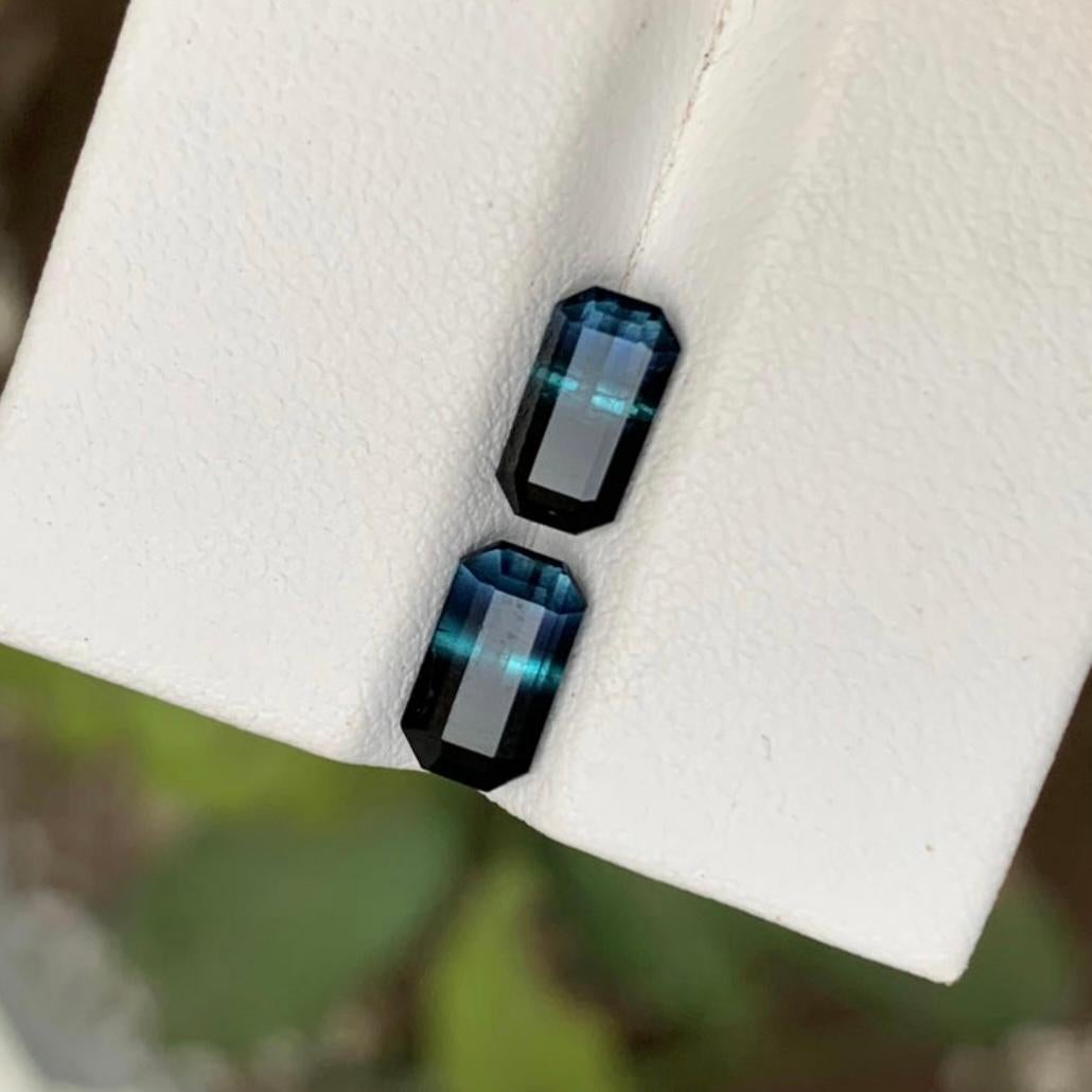 Rare Black-Blue Bicolor Tourmaline Gemstone Pairs, 2.20 Ct Emerald Cut-Earrings For Sale 3