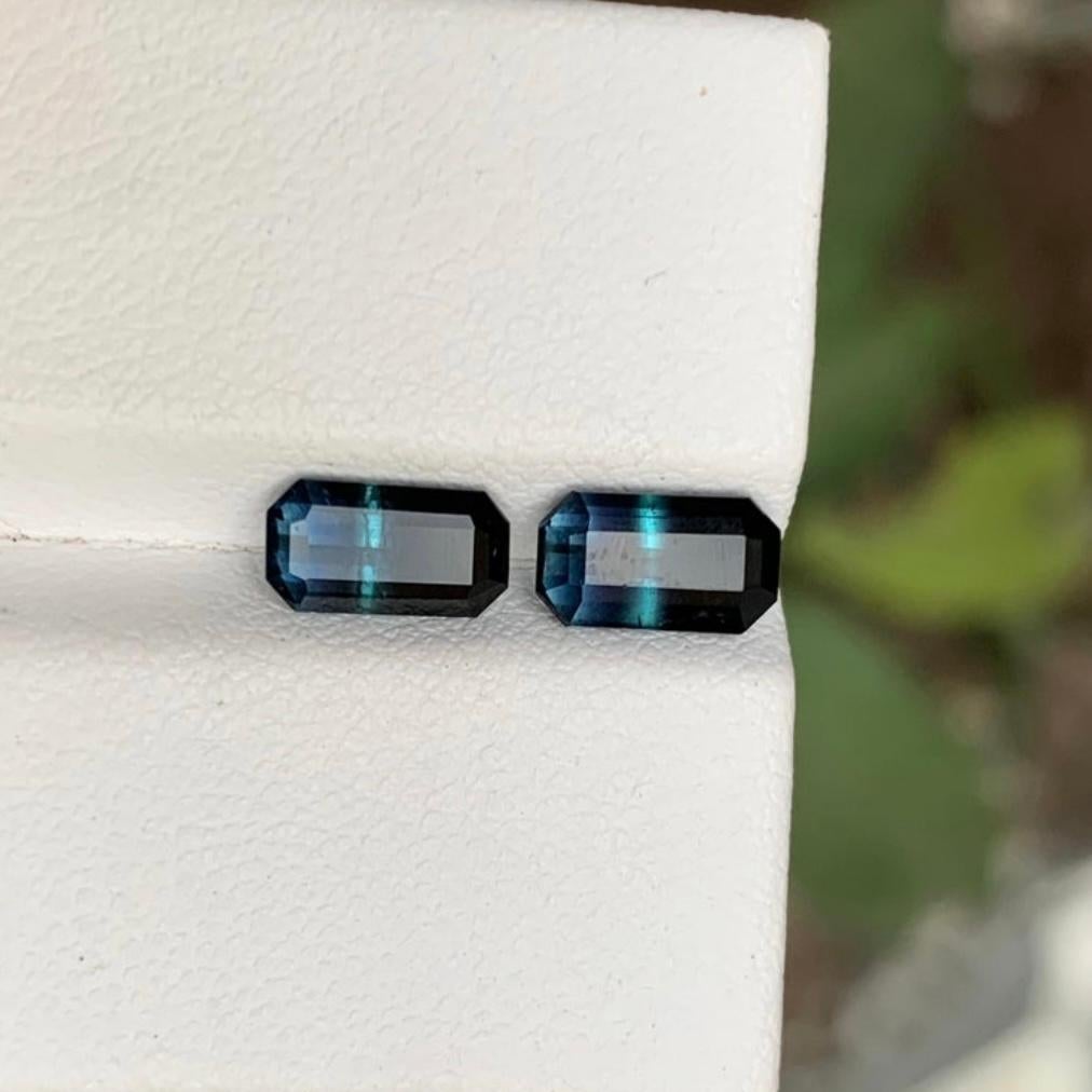 Rare Black-Blue Bicolor Tourmaline Gemstone Pairs, 2.20 Ct Emerald Cut-Earrings For Sale 4