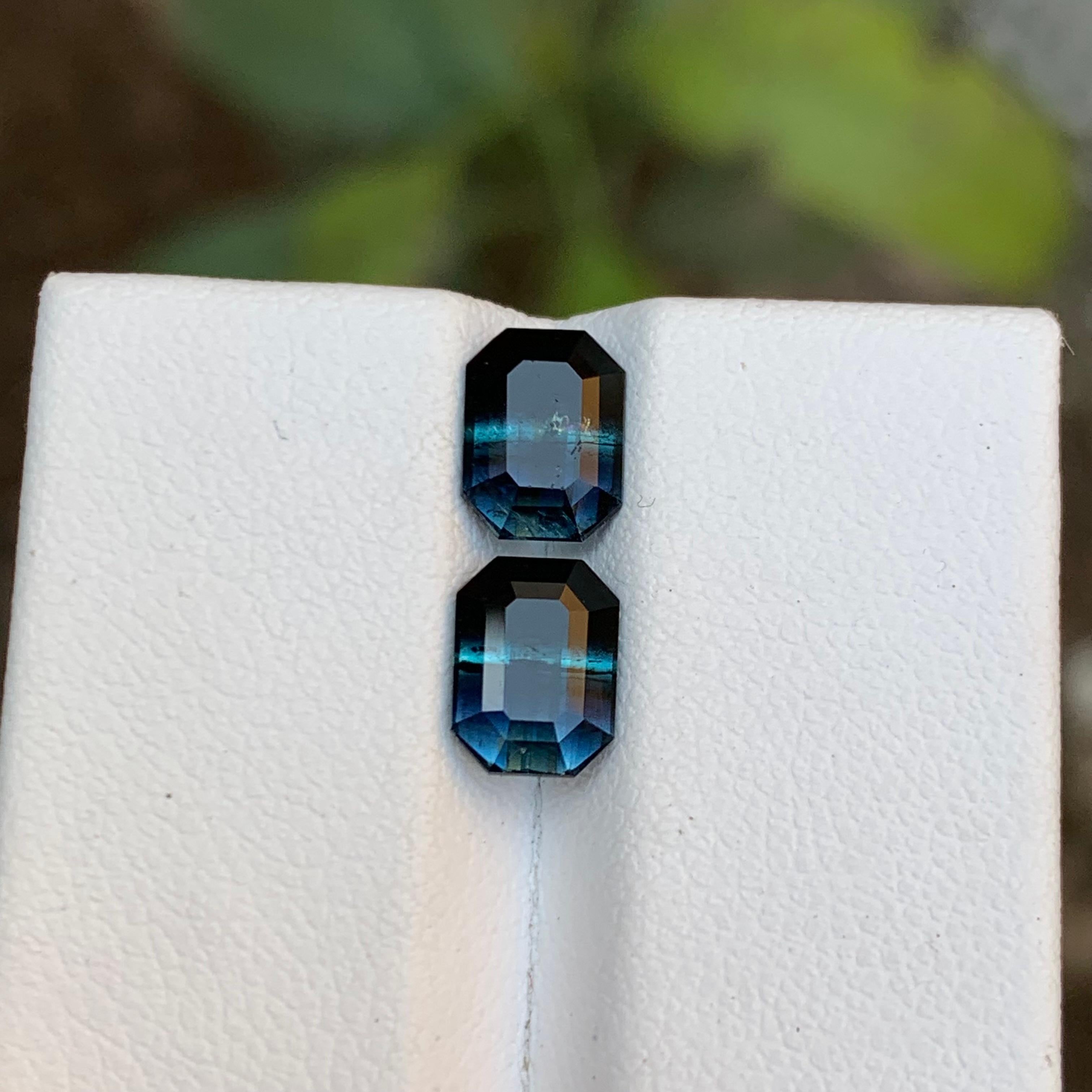 Contemporary Rare Black-Blue Bicolor Tourmaline Gemstone Pairs, 2.75 Ct Emerald Cut-Earrings For Sale