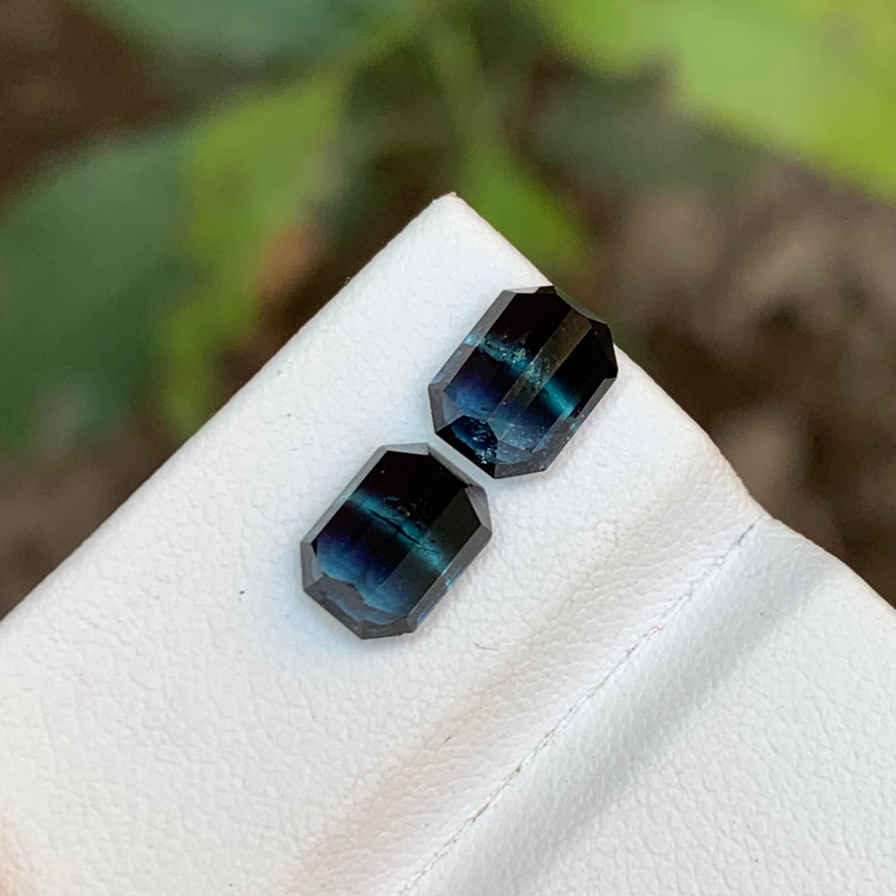 Rare Black-Blue Bicolor Tourmaline Gemstone Pairs, 2.75 Ct Emerald Cut-Earrings In New Condition For Sale In Peshawar, PK
